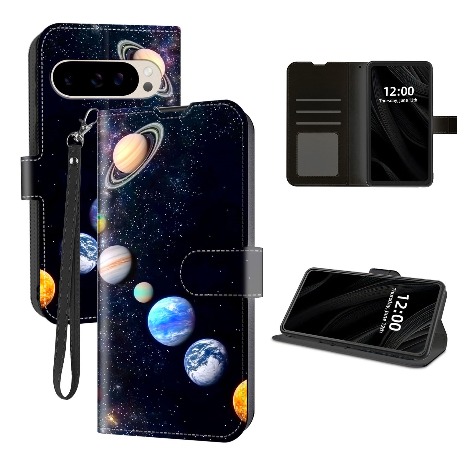 for Google Pixel 10 Pro XL Case Wallet with Card Holder, Solar System Planets in Space RFID Blocking Leather Flip Cover Magnetic Snap and Kickstand