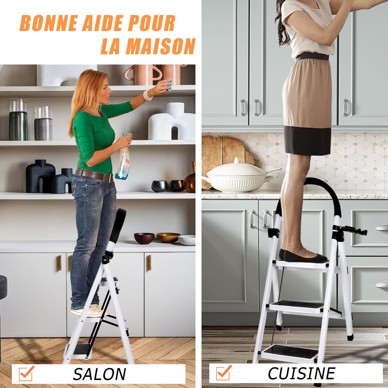 Escabeau 3 Marches Pliant,Marchepieds escamotables,Échelle en Aluminium,Marche Pied Pliable Antidérapantes,Escabeau Escamotable Légères,pour la Maison et Bureau Charge 152 kg