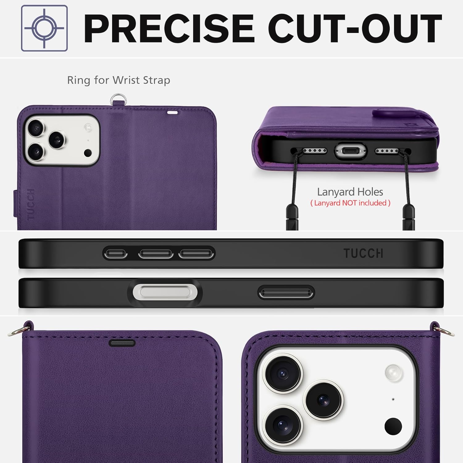 TUCCH Case Wallet for iPhone 17 Pro (6.3") 2025, Wrist Strap, Stand, RFID Blocking, 4 Card Holder, TPU Shockproof Shell, PU Leather, Magnetic Closure Folio Protective Cover, Deep Purple