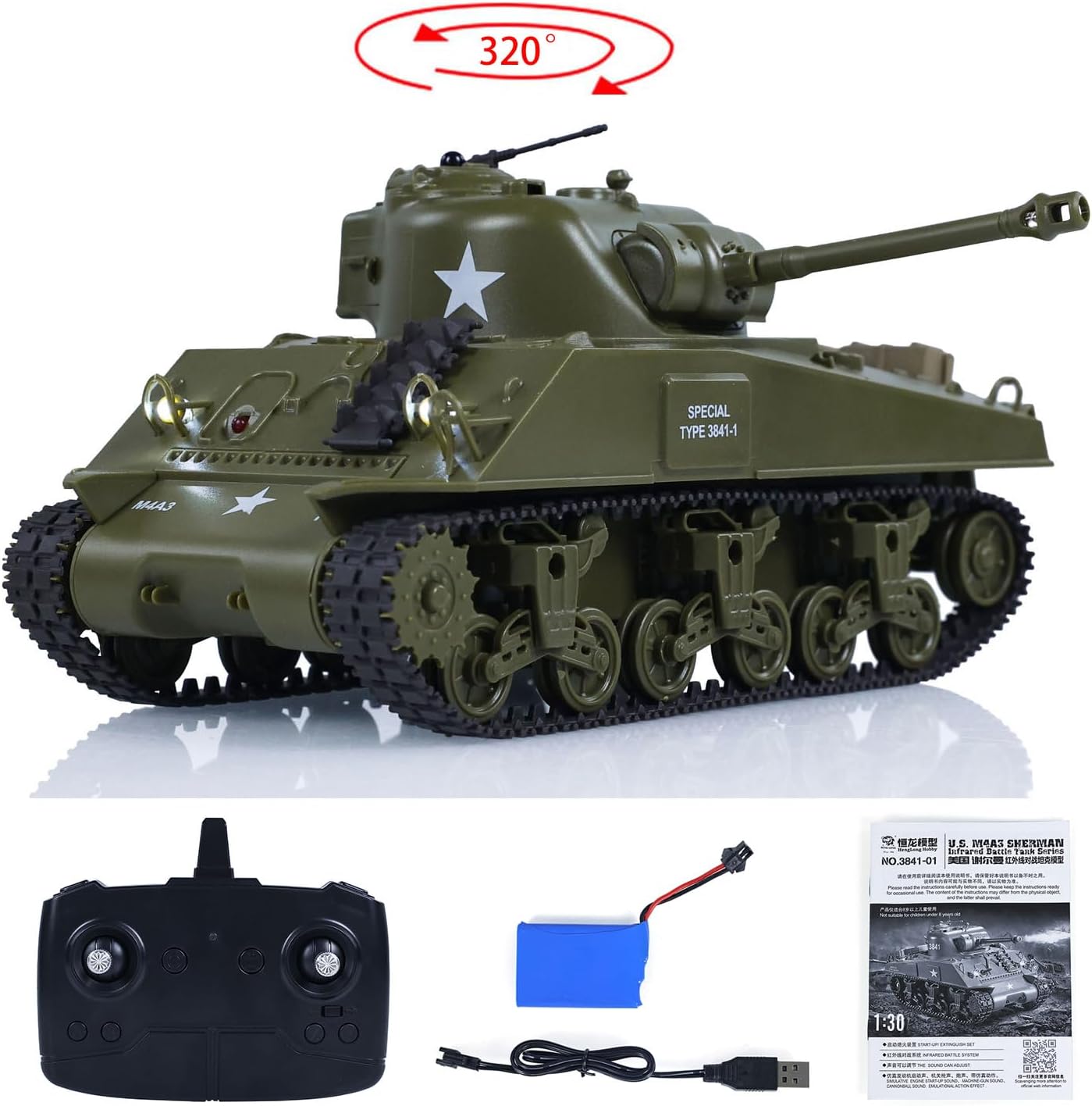 Henglong 1/30 RC Battle Tank Sherman M4A3 3841-01 2.4G Remote Control Tanks 320°Rotating Turret Infrared Combat for Hobby