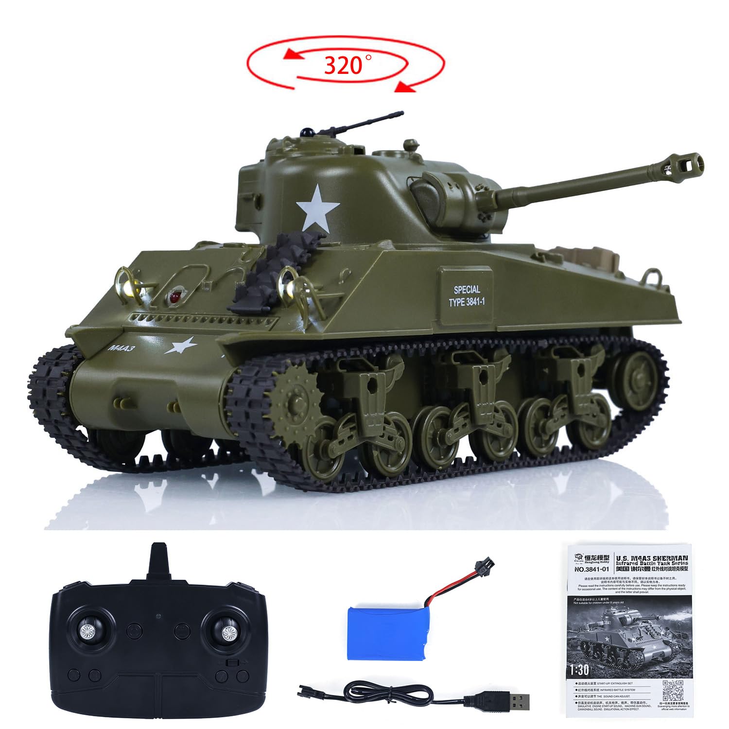 Henglong 1/30 RC Battle Tank Sherman M4A3 3841-01 2.4G Serbatoi di controllo remoto 320 ° Torretta di Combattimento Infrarossi per Hobby