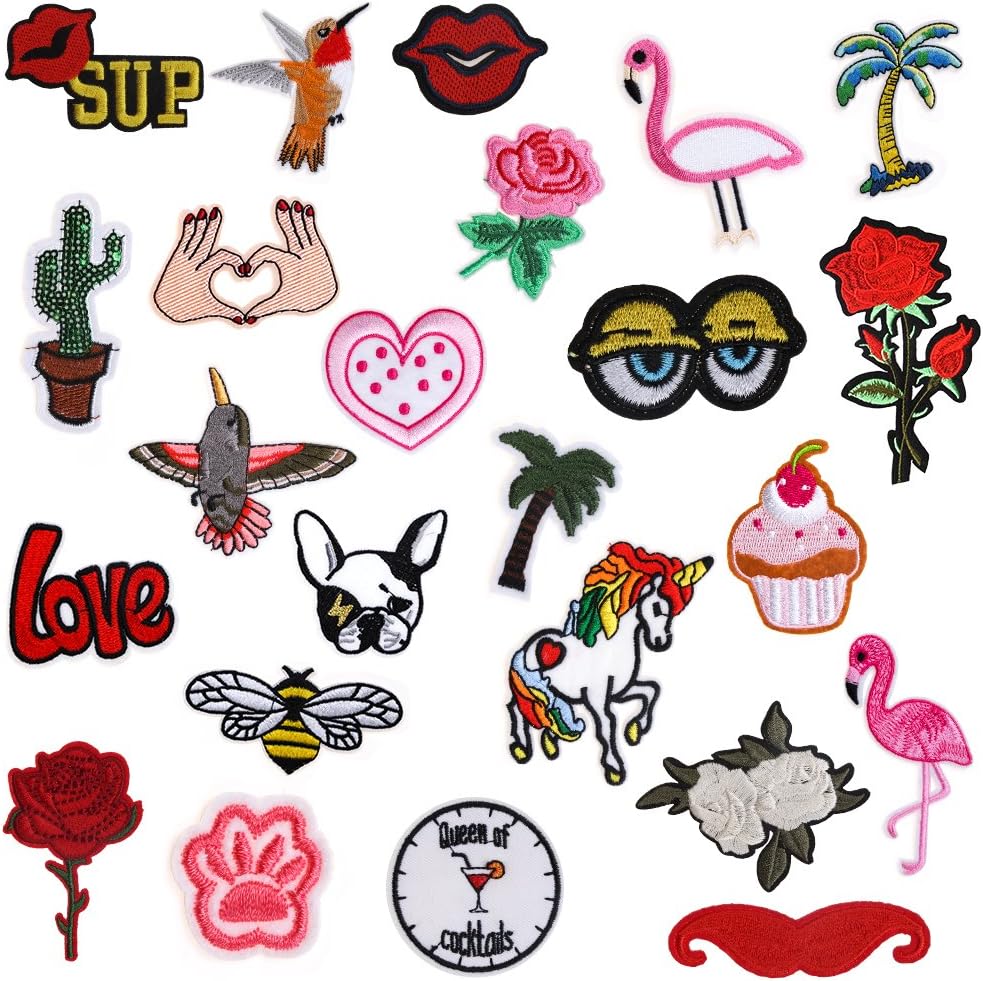Iron On Patches 24 Pieces - Assorted Cool Patches Fabric Embroidered Patches Motif Applique Kit Decoration, DIY Sew on Patch for Clothing, Jeans Jacket, Handbag, Backpacks, Skirts, Canvas Shoes, Caps