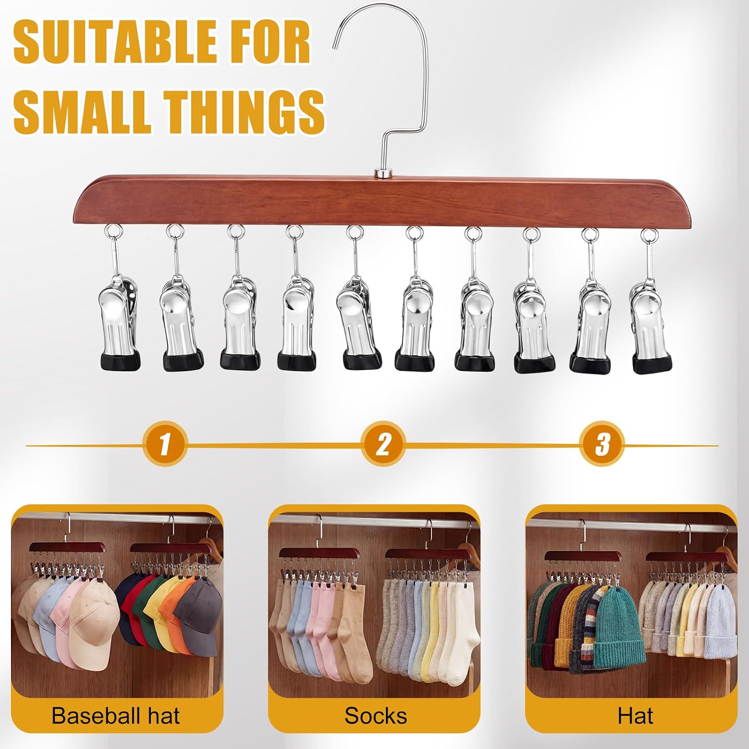 Novabright 2 Pcs Closet Organizer with 10 Clips Wooden Hat Rack for Closet, Space-Saving Hanging Organizer, Multipurpose Storage Display Accessory for Beanies, Ties, and Socks (Brown)