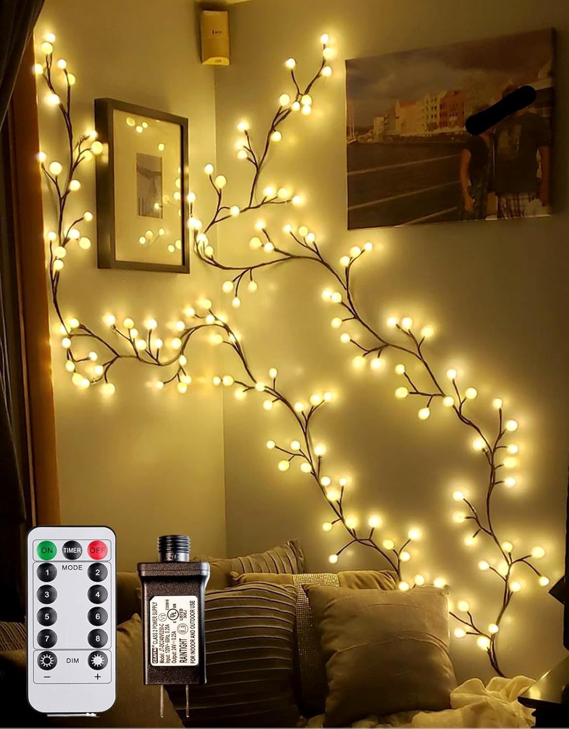 Globe Vine Lights with Remote Control On/Off Timer, 8 Modes 3 Level Dimmable Enchanted Willow Vine Lights for Home Decor, 8.2ft LED Branch Lights for Christmas Party(1PCS)