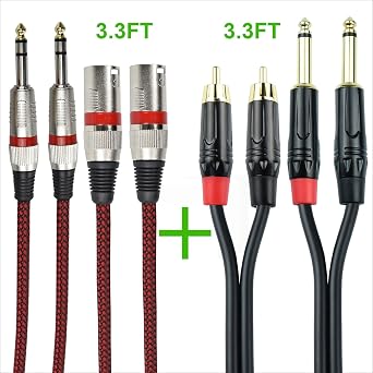 Two 3.3Feet Balanced 1/4 TRS to XLR Male Microphone Cable - with - One 3.3Feet Dual RCA to Dual 1/4 TS Speaker Cable