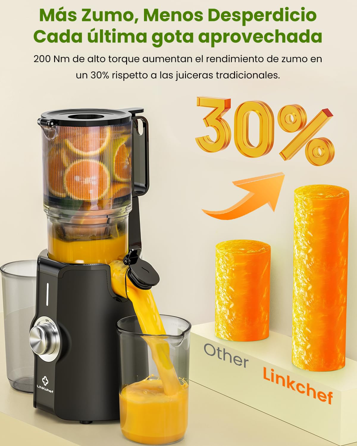 LINKChef Extractor de Jugos y Verduras Prensado en Frío | Slow Juicer 200W | Boca Ancha 115mm para Frutas Enteras | Licuadora con Recetario Incluido | Sin BPA, Negro