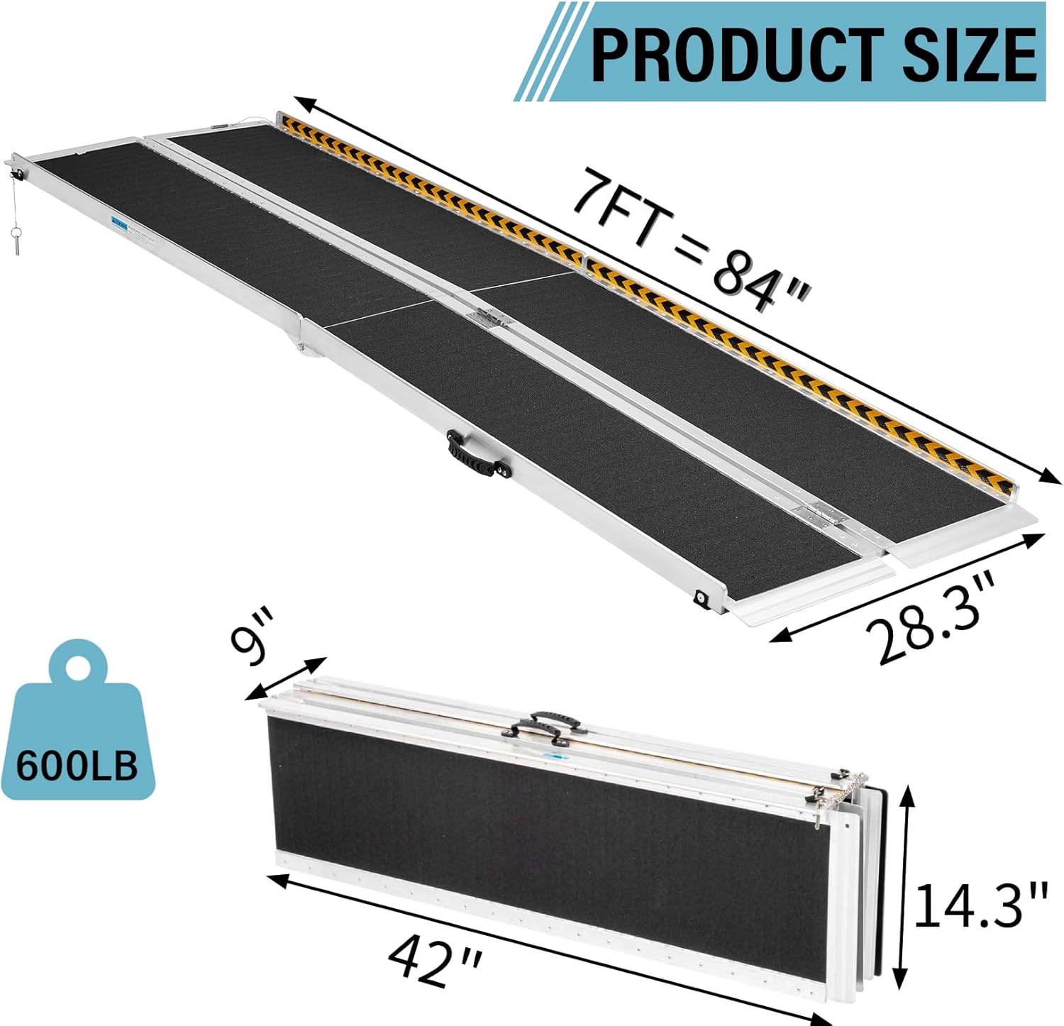 7FT Wheelchair Ramp, Anti-Slip Aluminum Folding Portable Handicap Threshold Entry Ramp for Home, Doorways Steps, Scooter, Stairs, 600LBs Capacity