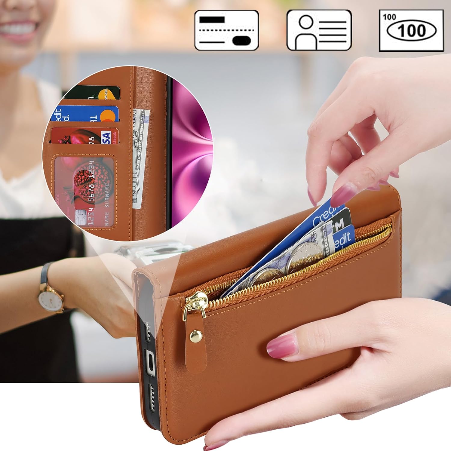 Ｈａｖａｙａ for iPhone 16 Plus case Wallet with Card Holder Zipper for Women Men PU Leather Flip Folio Credit Card Slots Stand Shockproof Phone Cover(6.7")-Brown