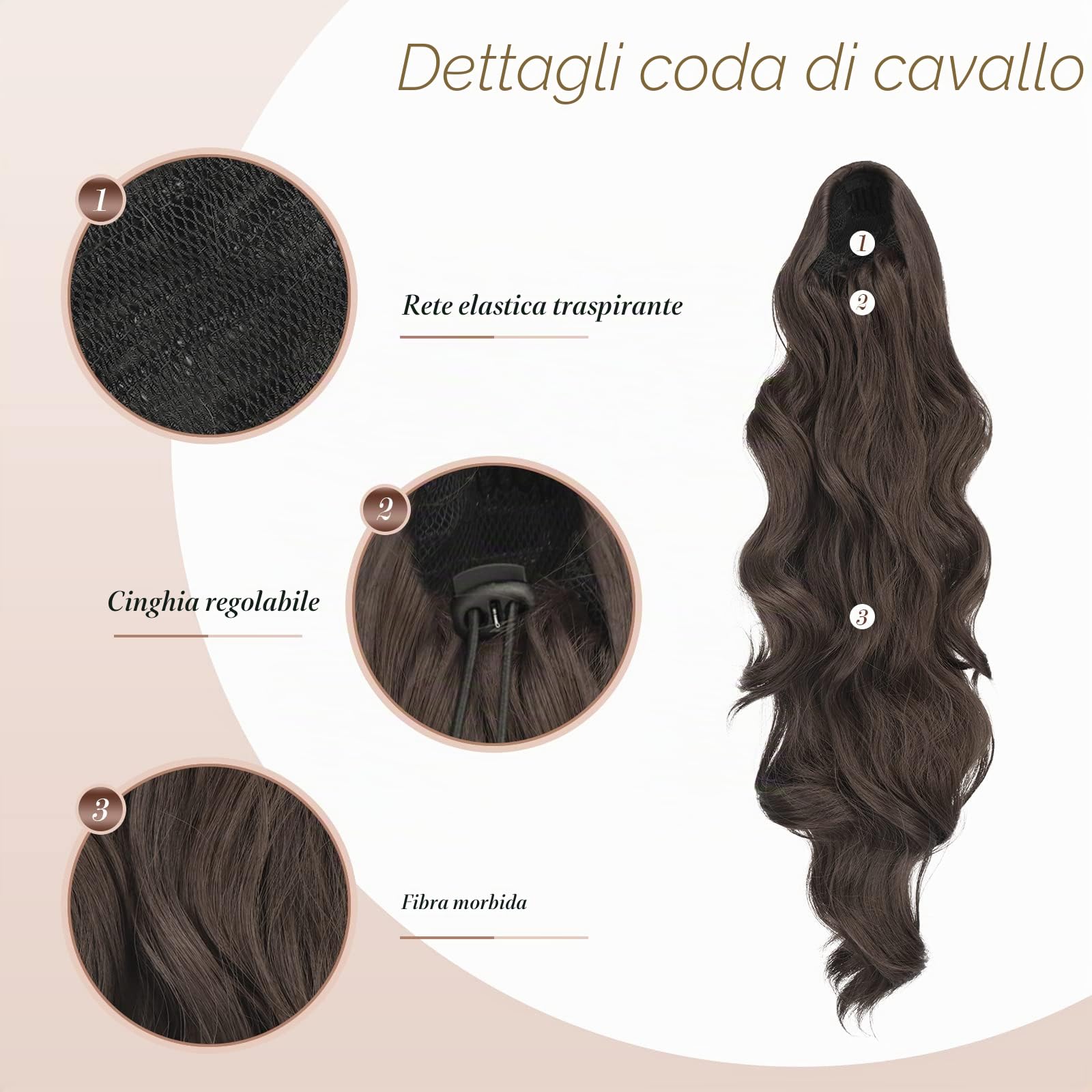 FESHFEN Extension Coda Capelli Lunga Castano Medio Posticci per Capelli Ondulati Ricci Coda Cavallo Capelli Extensions Finta per Donne, 60 cm