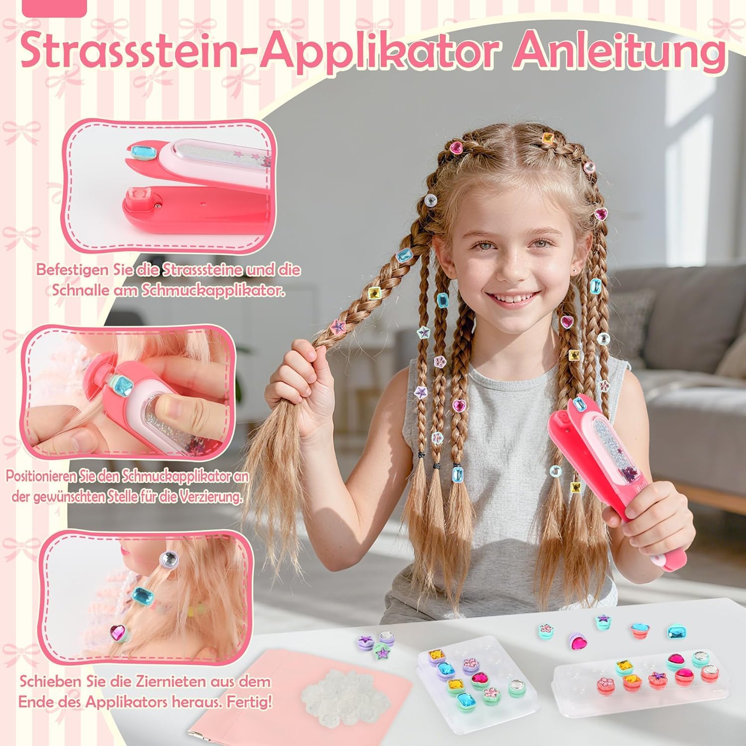 Kit de broderie de cheveux JONRRYIN 3-en-1, machine à tresses automatique avec perles pour cheveux, machine à strass pour cheveux avec gemmes capillaires, ensemble de bijoux pour cheveux pour filles - 3