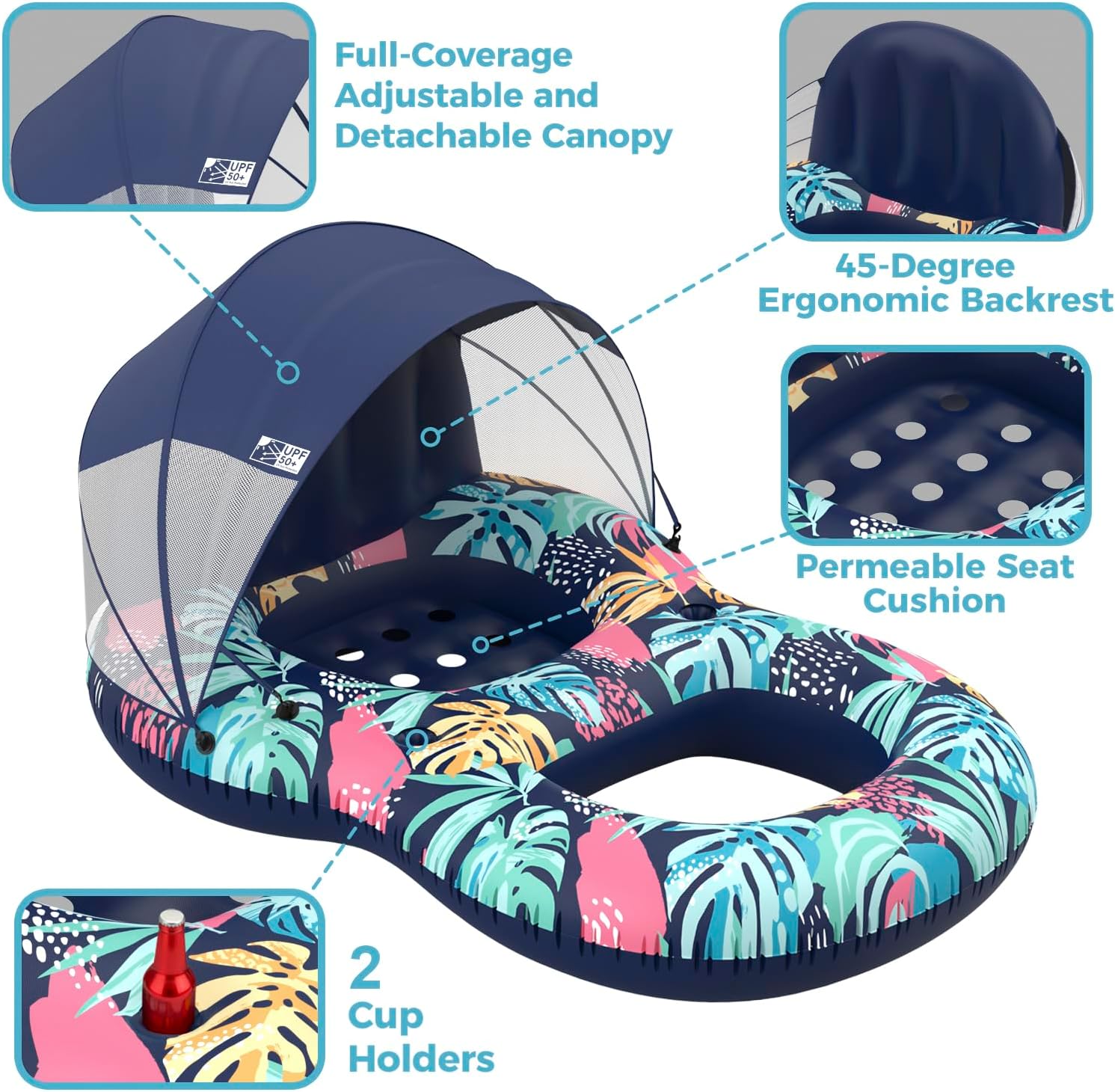 Pool Floats Adult with UPF 50+ Sunshade Canopy, Inflatable Pool Floaties Lounger with Headrest Cup Holder Footrest for Tanning Pool Toy Party, Swimming, Lake, Beach, Travel