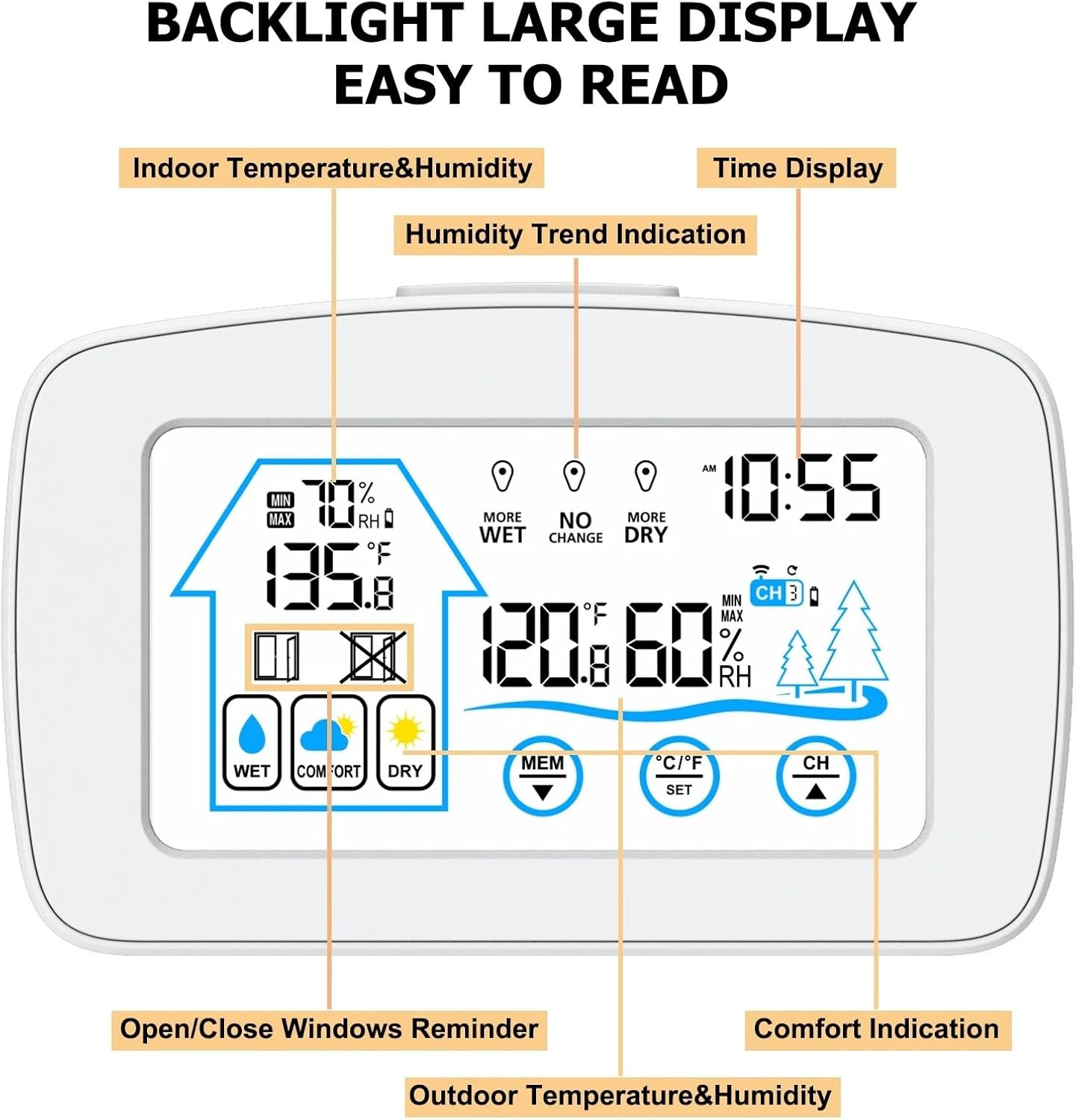 Digital Weather Station,Backlight Touch Screen Digital Weather Station Smart Temperature and Humidity Meter Weather Clock Temperature Humidity Detection,Multiple Data Display，Nero