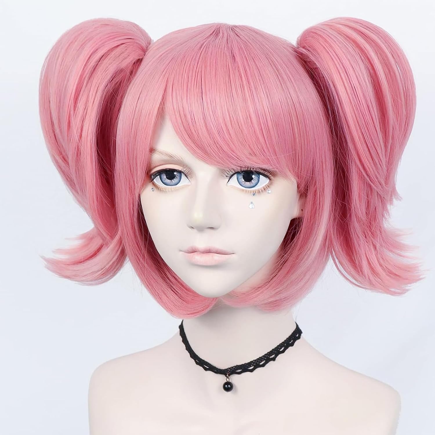 ANOGOL Pink Ponytail Cosplay Wig Women Short Pink Pigtails Wig with Bangs | Hair Cap+Short Cute Lolita Wigs with Double Ponytails Sweet and Lovely Hair for Halloween Party Christmas Lolita Costume