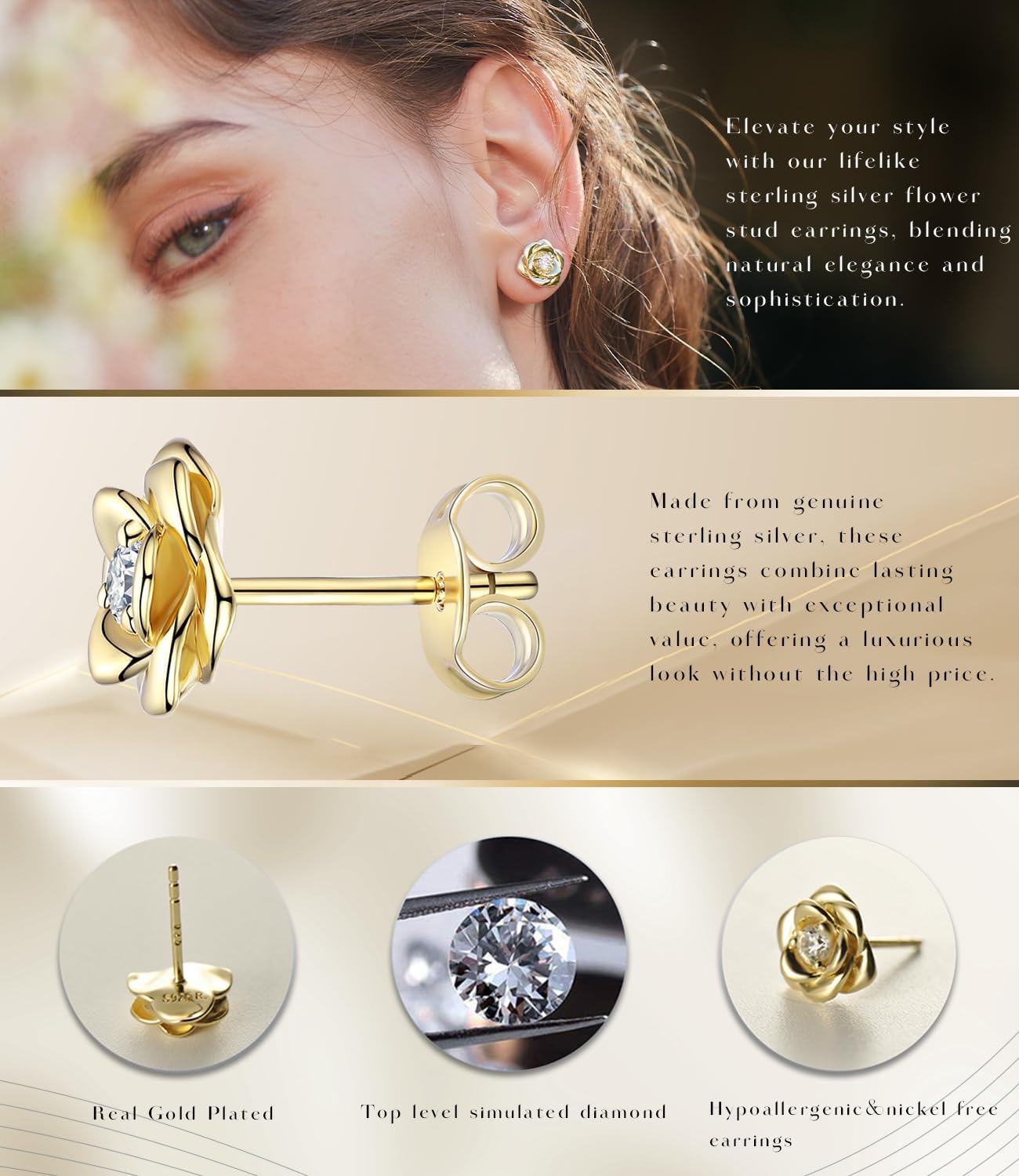 Gold Plated Sterling Silver Rose Flower Earring Studs, Hypoallergenic & Nickel Free Earrings for Women - Image 3