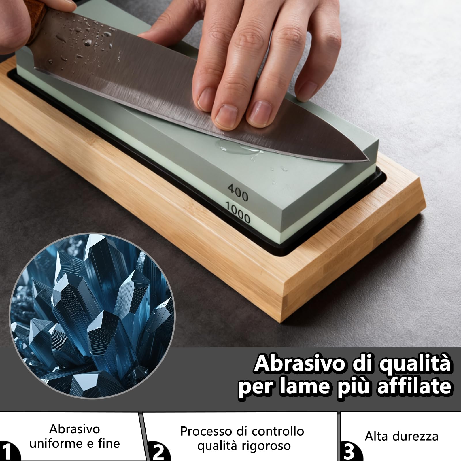 Pietra Affilacoltelli 400/1000 e 3000/8000, 8-in-1 Pietra Affilatura, Pietra per Affilare, Kit con Cote per Affilare coltelli, Grana Giapponese Pietra, Supporto in Bambù Antiscivolo, Guida Angolare