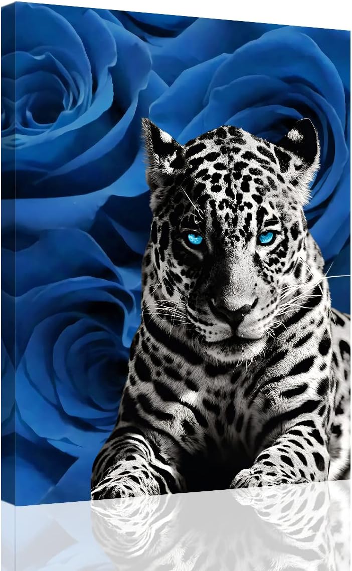 Blue Rose and Leopard Canvas Wall Art Honorable and Confident Leopard and Blue Rose Stretched and Framed Ready to Hang for Living Room Bedroom Home Office Wall Decor Artwork - 12''x16'', 1 Panel
