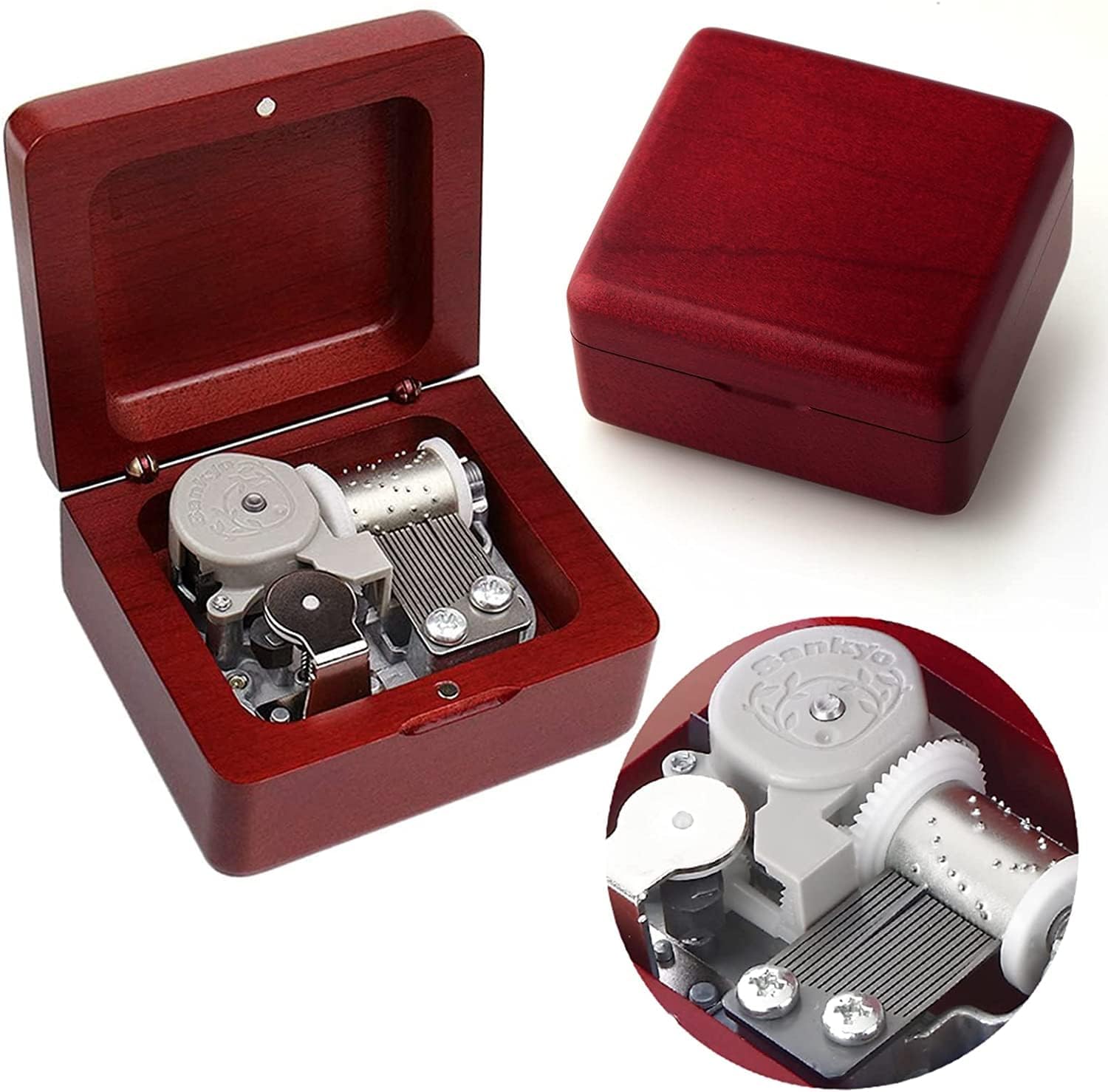 Sinzyo Music Box Vintage Wood Carved Mechanism Musical Boxs Gift for Birthday Valentine's Day Christmas Day(Teddy Bears-Wine red Wood Box)