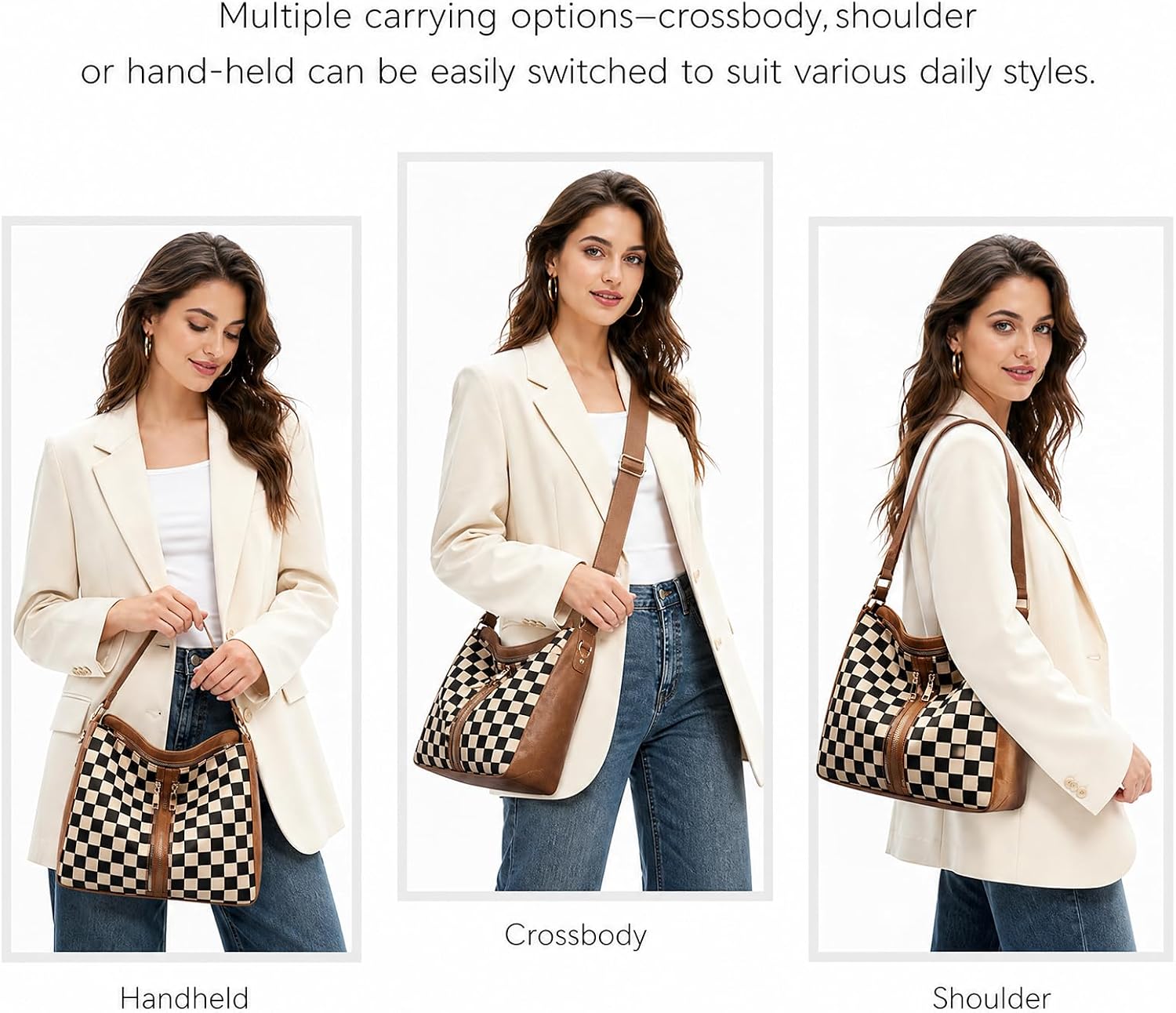 Checkered Crossbody Bag, Brown Checkered Purse, Large Capacity Shoulder Bag, Handbag with Wallet and Cherry Charm image 5