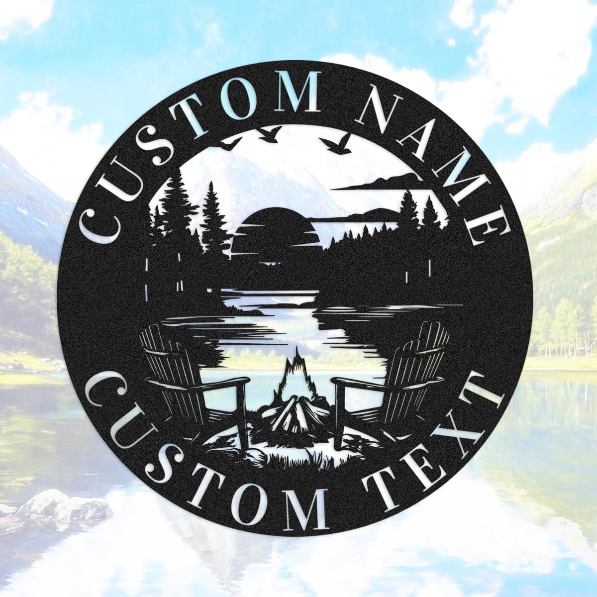 Personalized Camping Sign, Custom Metal Mountain Campfire Sign Wall Art Sun Sunset Lake Scene Campsite Cabin Coastal Decor Monogram Signs with Name & Text, Customized Man Cave Decor Plaque
