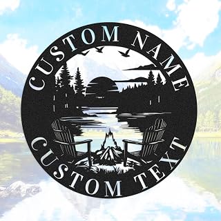 Personalized Camping Sign, Custom Metal Mountain Campfire Sign Wall Art Sun Sunset Lake Scene Campsite Cabin Coastal Decor Monogram Signs with Name & Text, Customized Man Cave Decor Plaque
