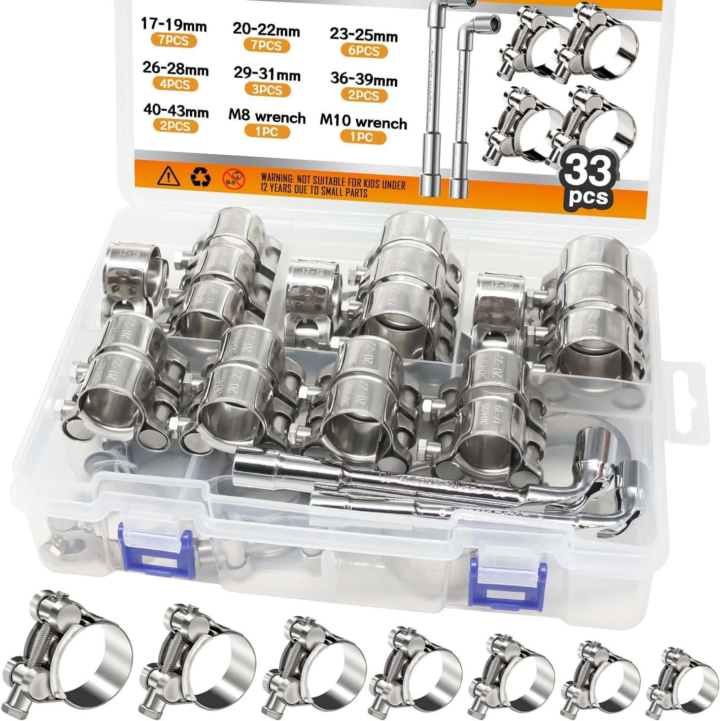33PCS 17-43mm 7 Sizes T-Bolt Hose Clamps Stainless Steel Heavy Duty with M8 and M10 Wrenches DD038-KIT
