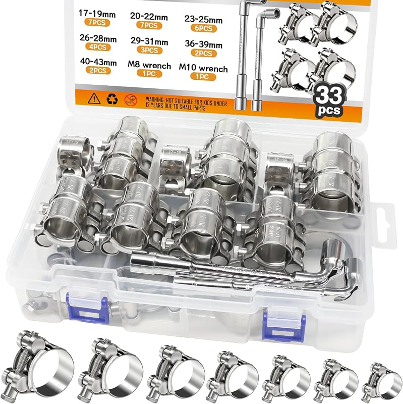 Kit de Abraçadeiras T-Bolt para Mangueiras zDwfDc em Aço Inoxidável – 33 Peças de 17 a 55 mm com Chaves M8 e M10