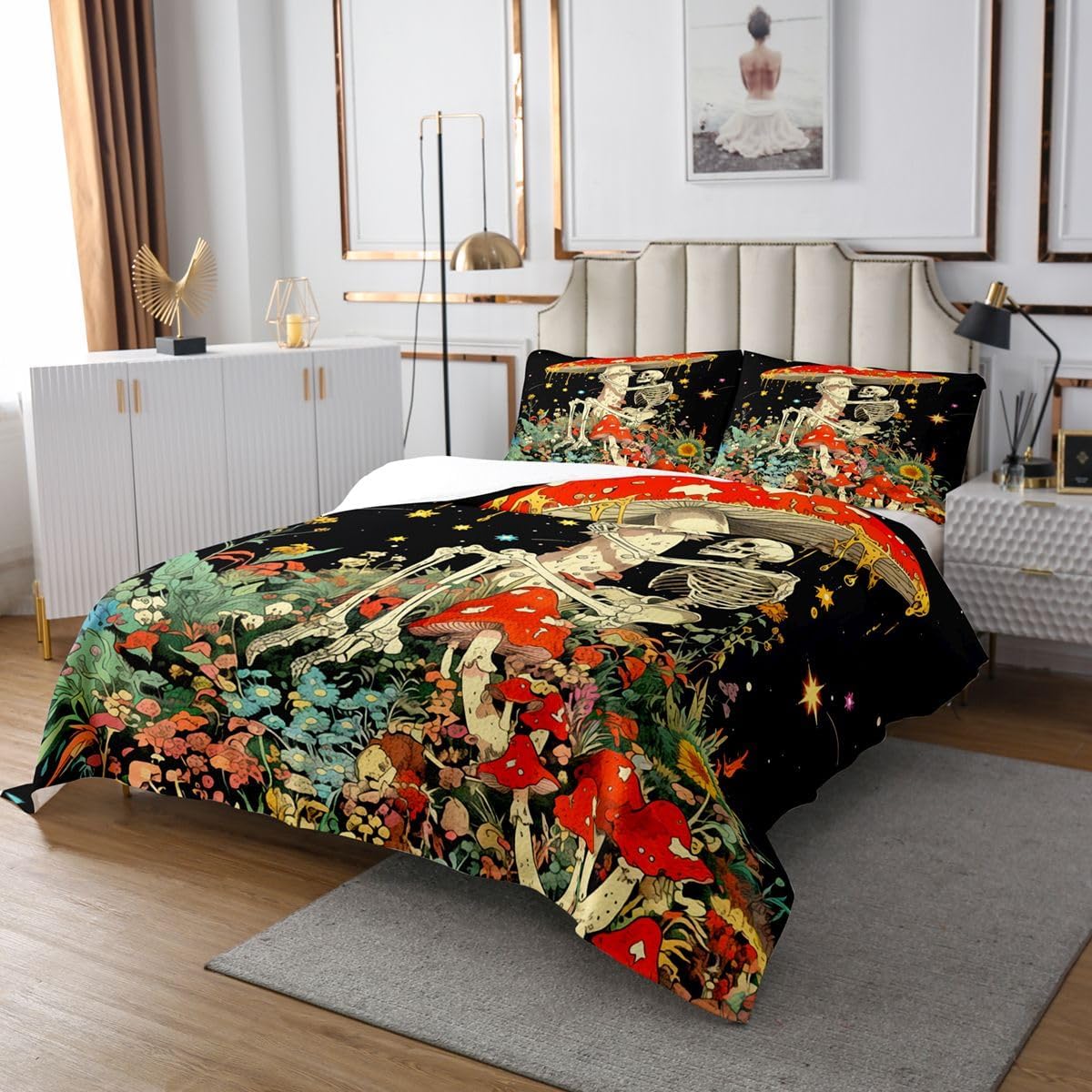Manfei Happy Halloween Bedspread Twin Size,Mushroom Daisy Flowers Bedding for Kids Teens Bedroom Decor,Human Skeleton Print Coverlet Set,Red Quilt Set for All Season,2 Pcs with 1 Pillowcase
