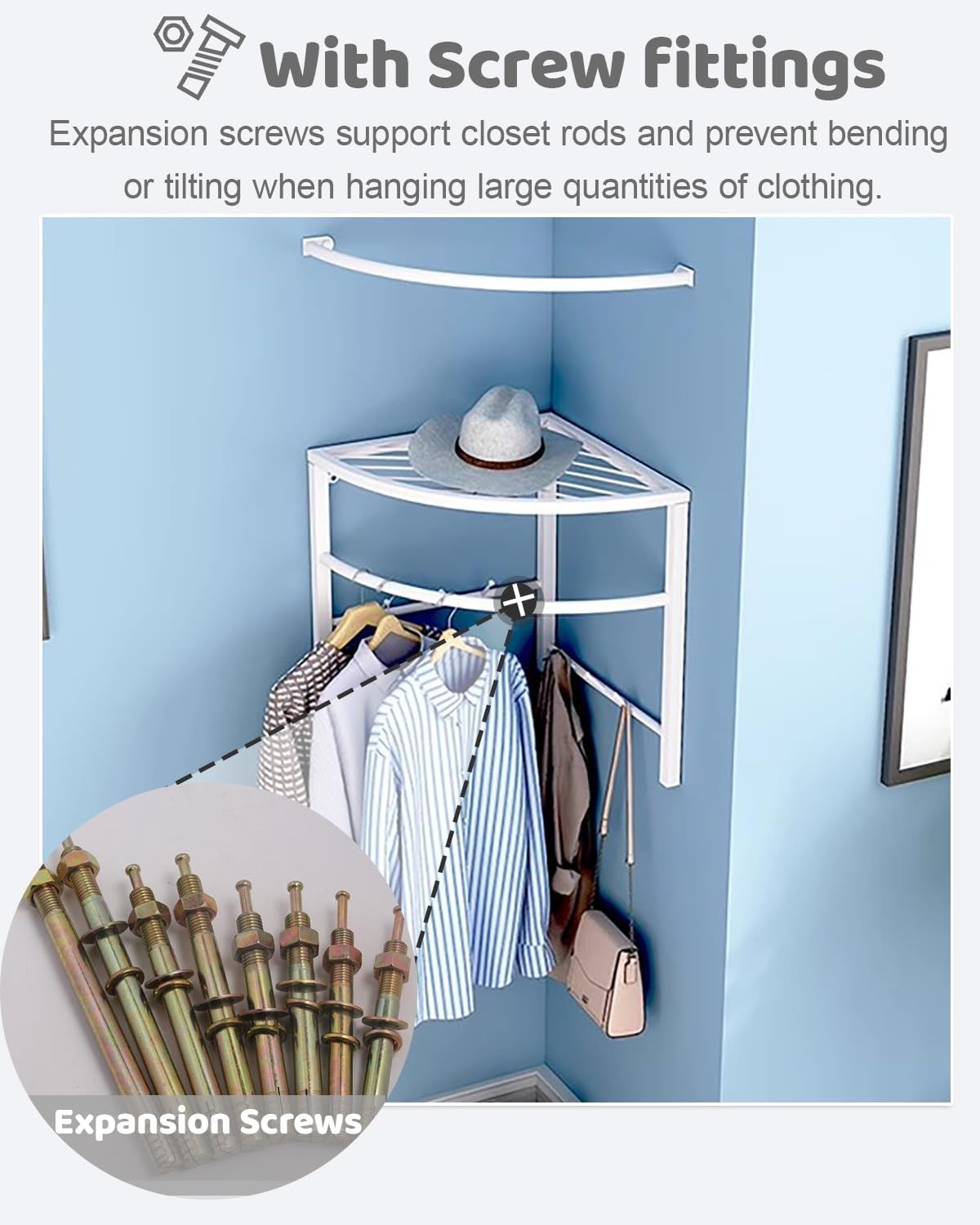 90 Corner Closet Rod Connector Support Bracket for Bathroom, Wall Clothes Holders for Drying Camper Dresser, Wardrobes Organizer Pole(White,B)