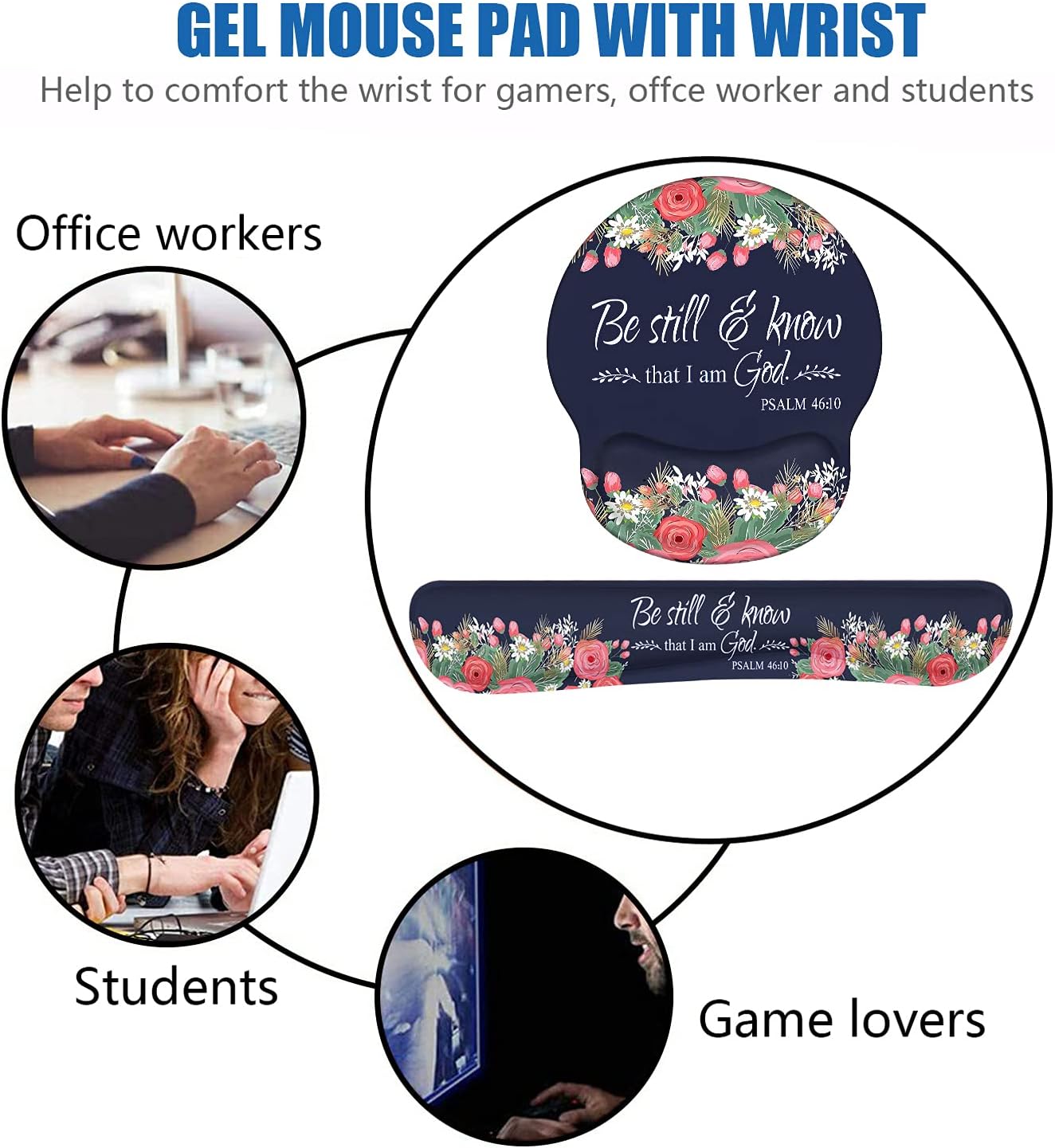 Keyboard Wrist Rest and Mouse Pad Support, Non-Slip PU Base Ergonomic Gaming Mousepad for Home Office Working Studying Easy Typing & Pain Relief - Floral Quote Bible Verses Psalm 46:10