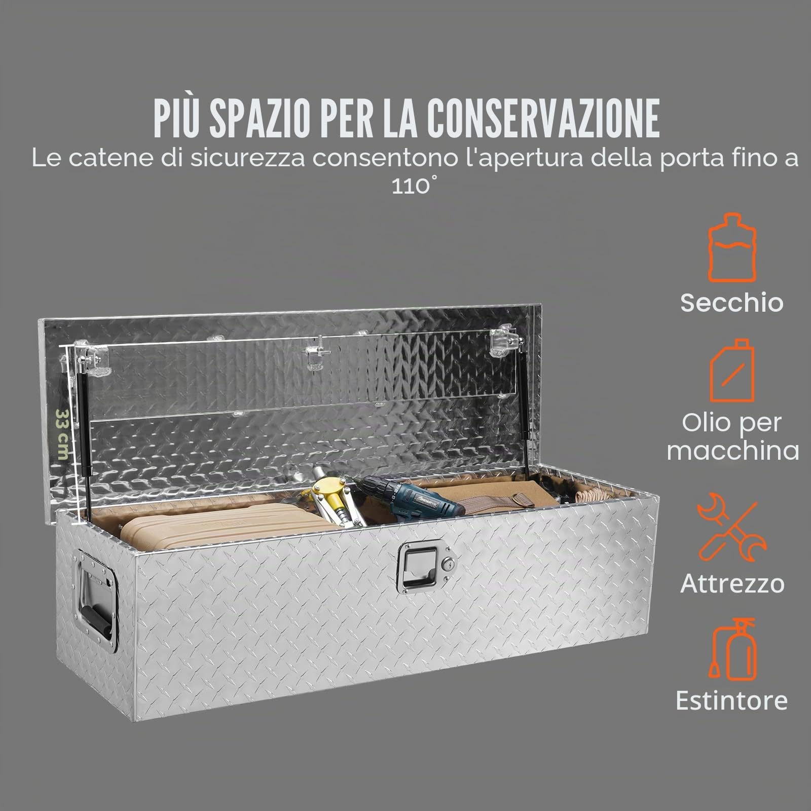 VEVOR Cassetta degli attrezzi per camion in alluminio resistente, cassetta degli attrezzi con maniglia laterale, per pick-up, pianale di camion, camper, rimorchio, 39"x13"x10", Argento