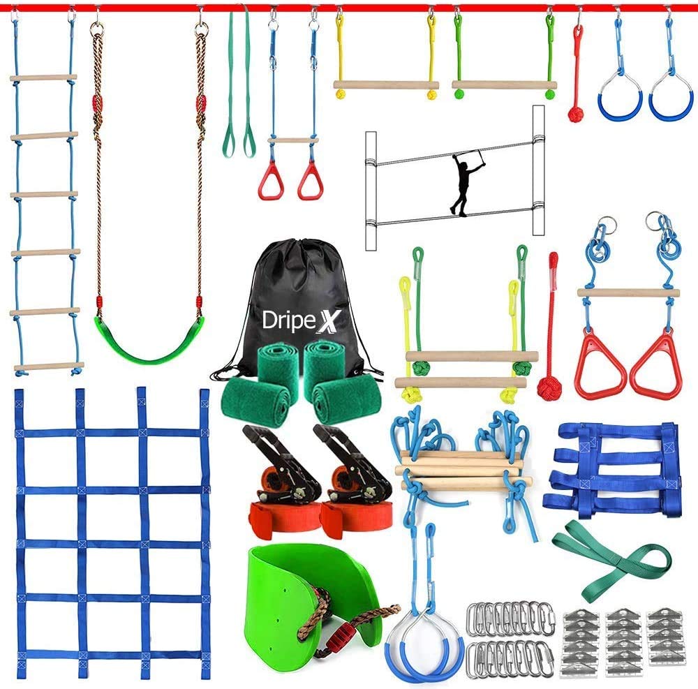 Dripex Slackline Kinder, Ninja Slackline 2×20m und Ninja Warrior Hindernisparcours Garten im Freien,Ninja Parcours Kinder mit Schaukel, Kletterleiter, Kletternetz und Baumschutz, geeignet für Anfänger