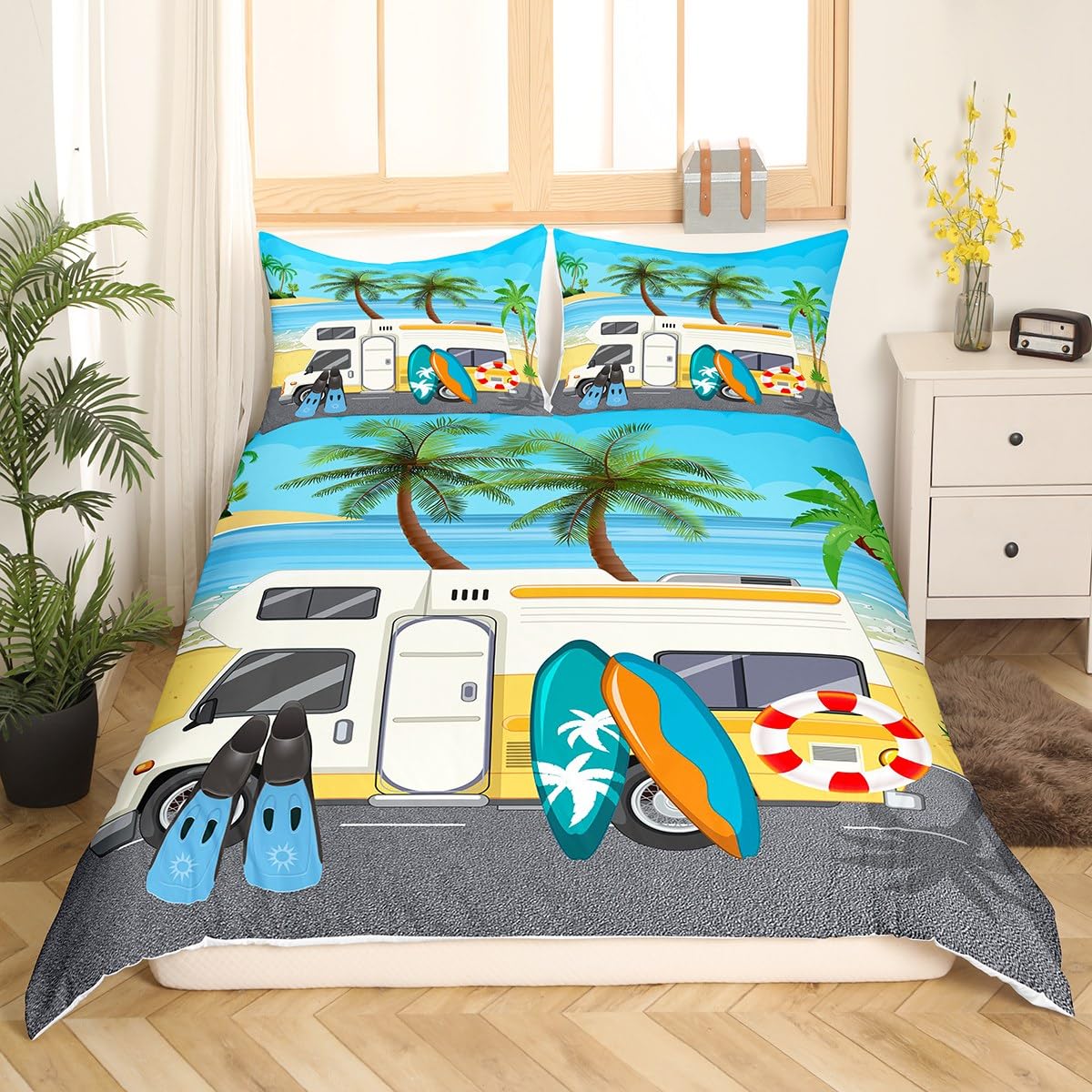 Loussiesd Ocean Comforter Cover Hawaiian Beach Tropical Leaves Bedding Set Camper Van Duvet Cover for Kids Boys Girls Microfiber Summer Holiday Vacation Bedspread Cover Super King - Image 2