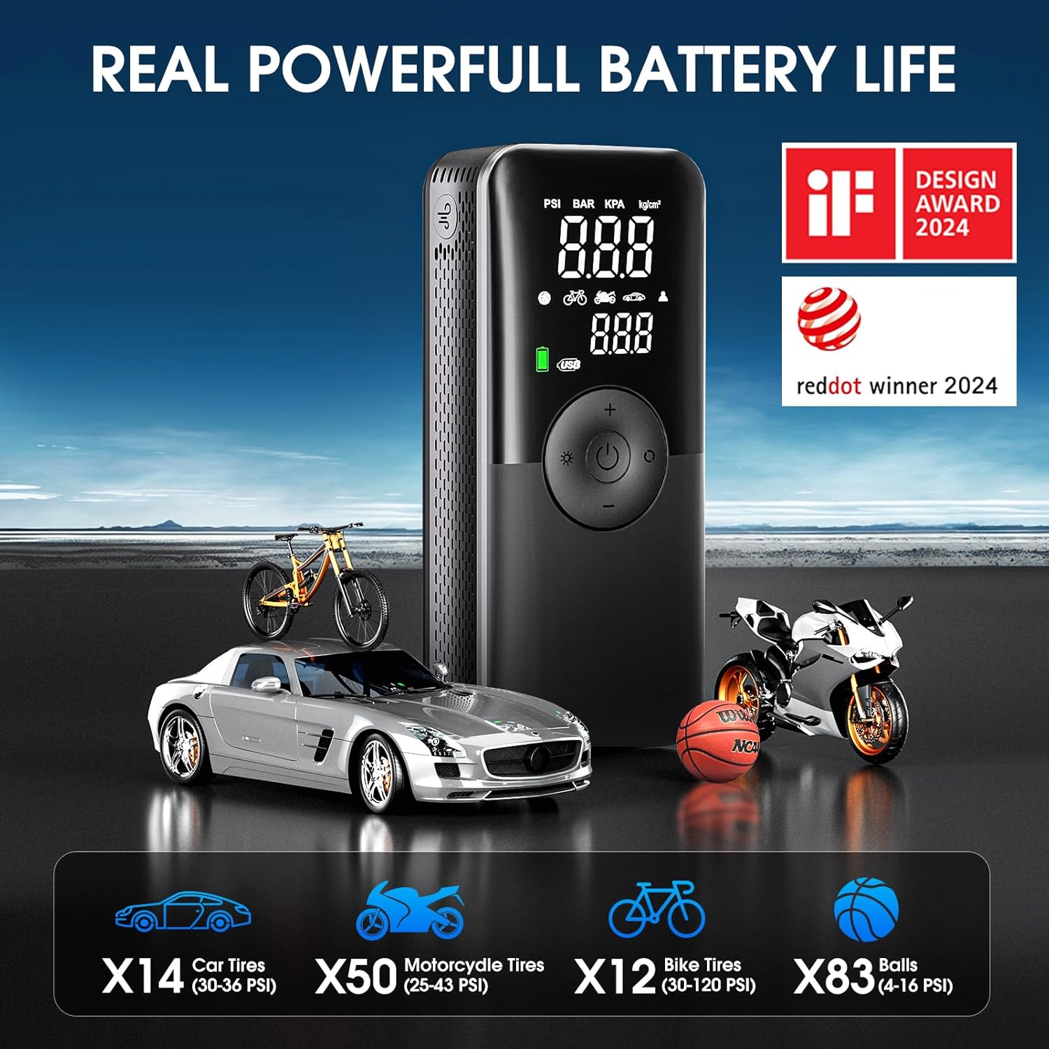 CARSUN Cordless Tire Inflator Portable Air Compressor,Car Tire Pump with Digital Dual Screen,150PSI Portable Air Pump for Car Tires with Deflation&Pressure Gauge,Suitable for Car,Motorcycles,Bicycles