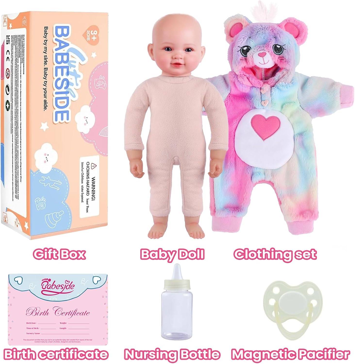 BABESIDE Baby Dolls, 15-Inch Realistic Cute Soft Cloth Body Baby Doll Real Life Baby Dolls with Accessories in Rainbow Plush Bear Outfit for 3+ Year Old Girls Gifts, Pretend Play, Collection