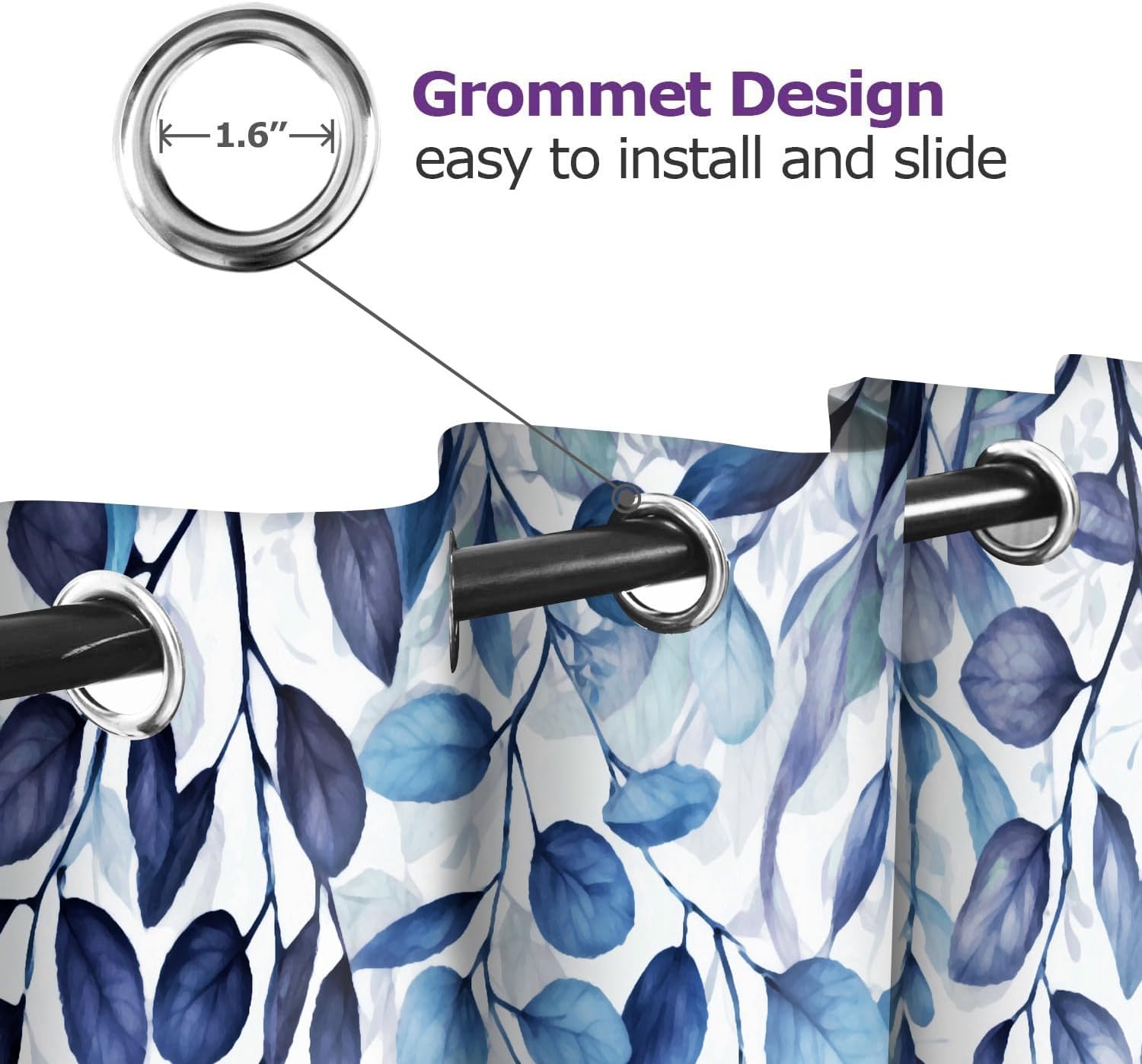 BSPPTI Eucalyptus Curtains, Weeping Navy Blue Succulent Plant Flower Drapes Room Darkening Thermal Insulated Polyester Fabric, Grommets Window Drapes for Living, Dining, 52"x 63", 2 Panels
