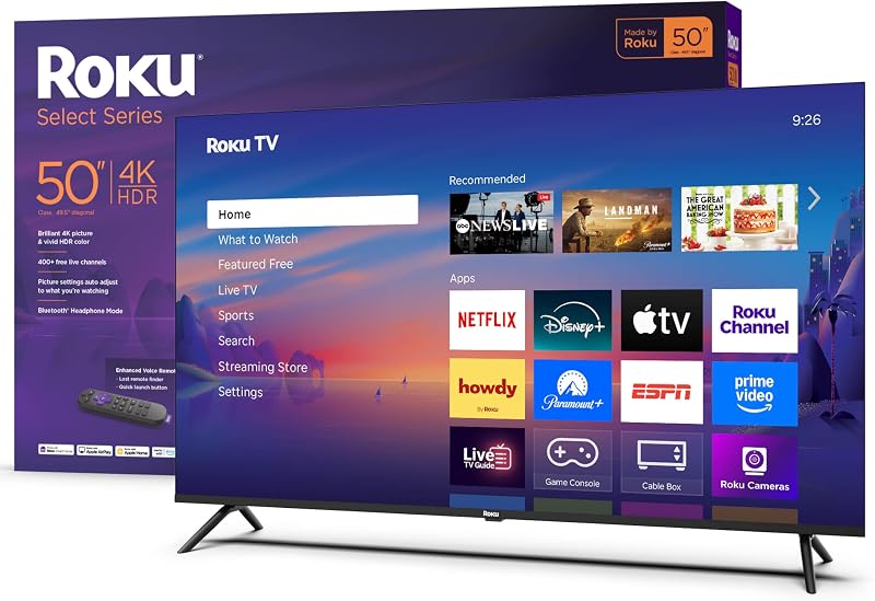 Roku Smart TV – Serie selecta de 50 pulgadas, TV 4K HDR – RokuTV con control remoto por voz mejorado – Televisor LED de pantalla plana con Wi-Fi para transmitir noticias locales en vivo, deportes y entretenimiento familiar