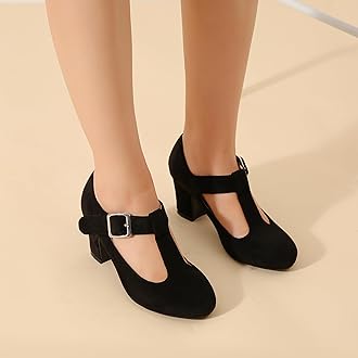 Women's T-Strap Mary Jane Pumps Low Block Chunky Heels Closed Round Toe Dress Wedding Office Work Shoes