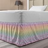Lunarable Geometric Elastic Bed Skirt, Moroccan Tile Style Geometric Design Soft Pastel Transitioned Rainbow Colors, Wrap Around Fabric Bedskirt Dust Ruffle for Bedroom, Twin/Twin XL, Purple Orange