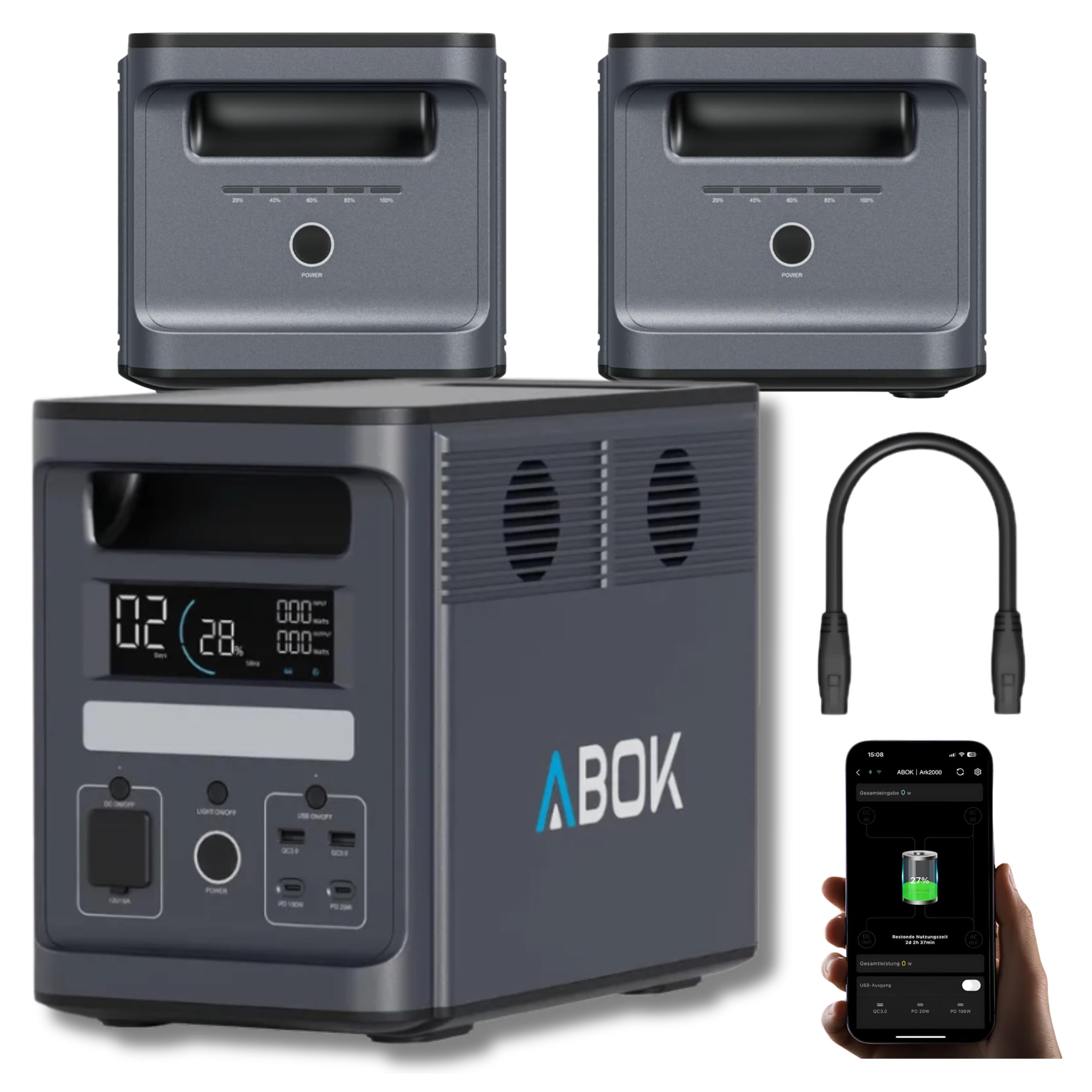 ABOK ARK2000 Station d'alimentation + 2 batteries supplémentaires ARK2000E MAX Set, générateur solaire LiFePO4 4608 Wh 2000 W, capacité maximale de stockage alimentation de secours pour la maison et