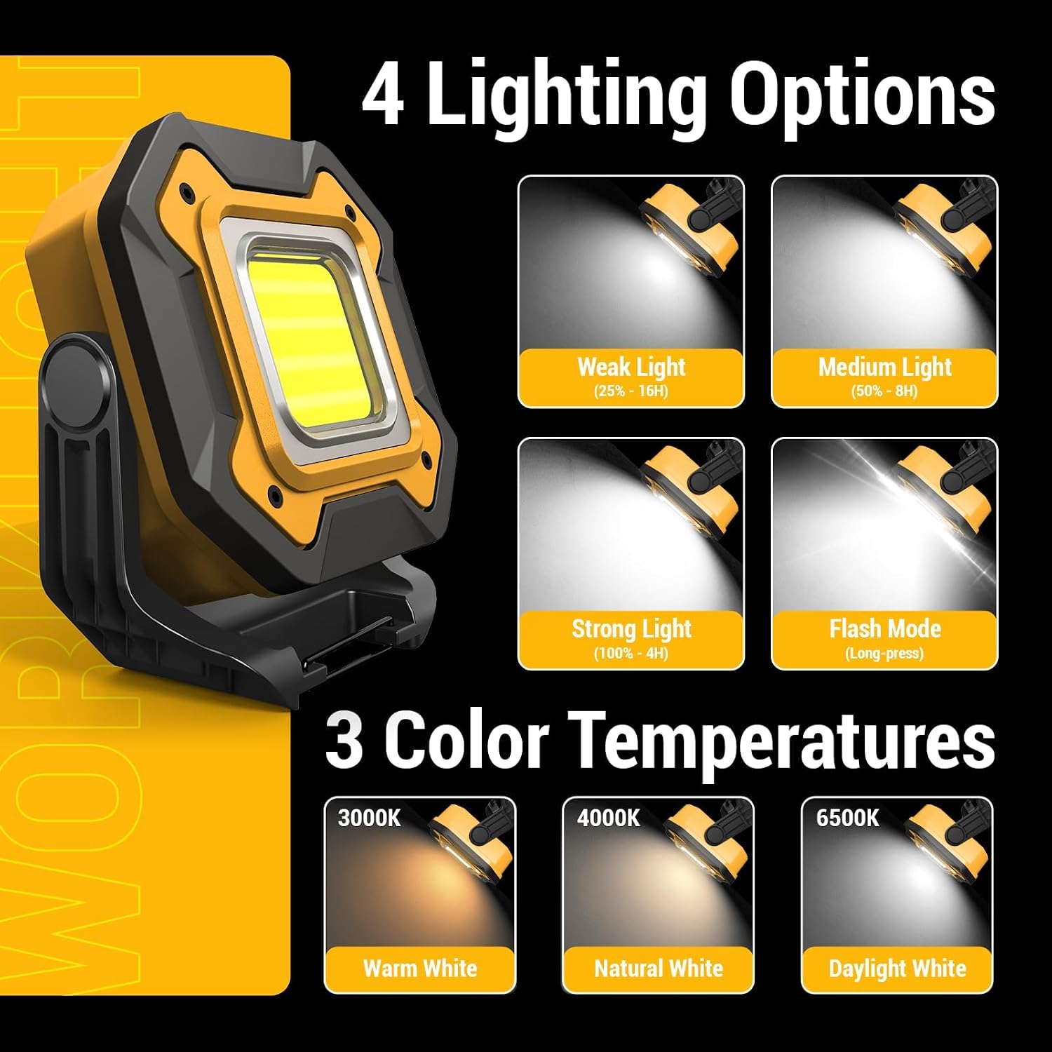 Rechargeable LED Work Light, 6000mAh 16 Hours Long-Lasting Cordless Magnetic Light, IPX5 Waterproof, 360°Rotate Portable Flashlights, Battery Lamp for Car Repair&Camping, Gifts for Men