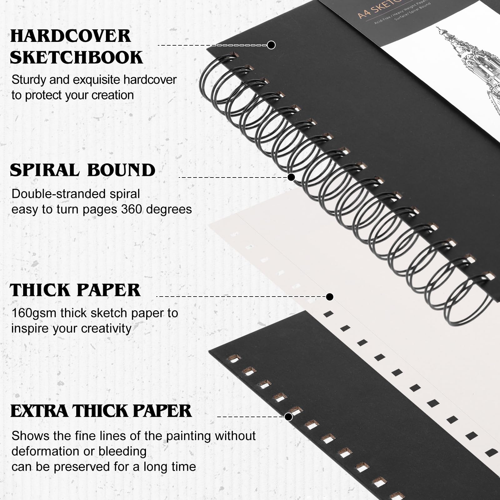 A4 Sketch Book, 60 Sheets Hardcover Spiral Bound Sketch Pad, 160gsm Thick Paper Drawing Pad - Image 3