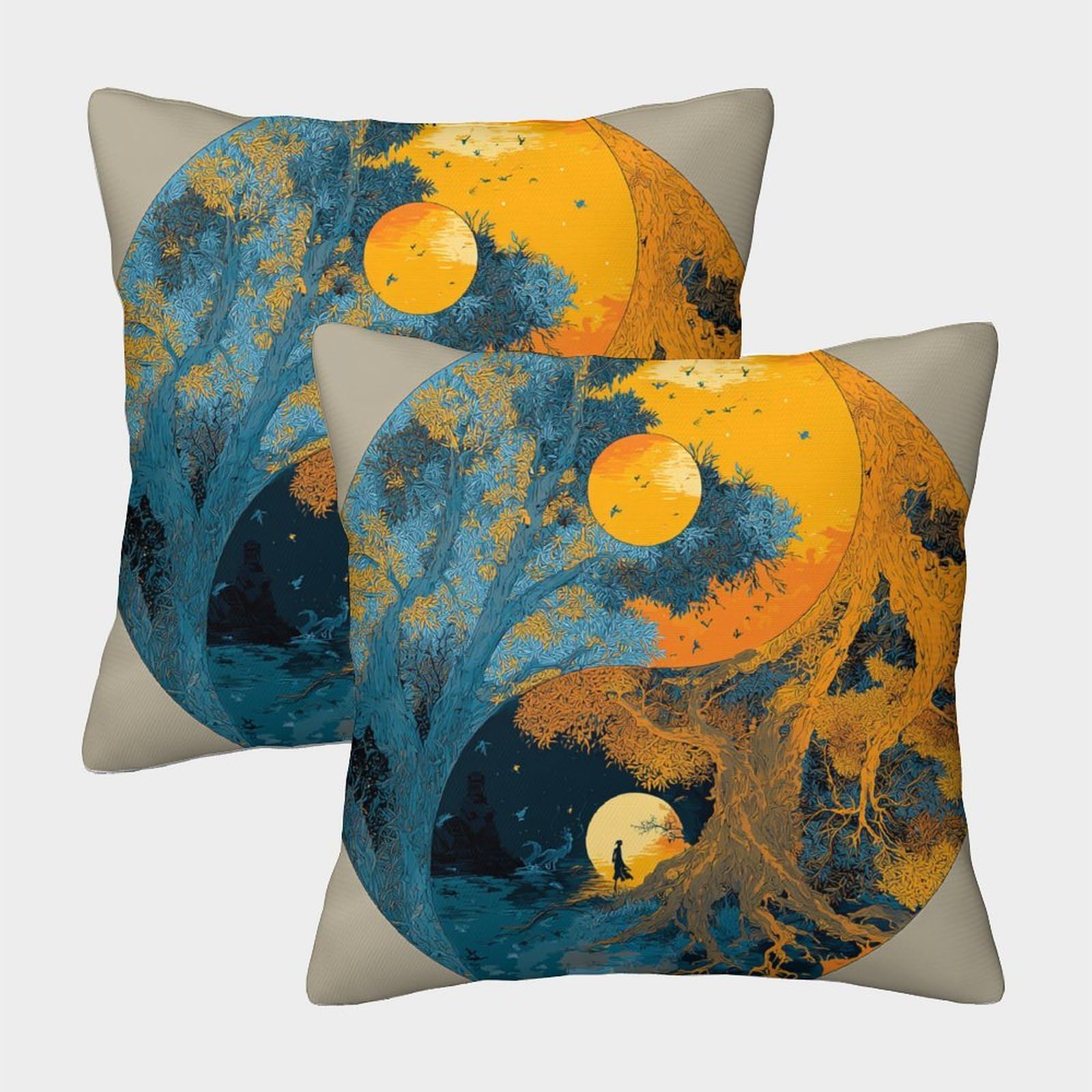kaiyun 2 Pack The Tai Chi Yin-Yang Symbol, with A Blue-green Tree Canopy Square Pillow Cover Cushion Cover 45x45cm Suitable for Sofa Bed Chair,3D Pattern