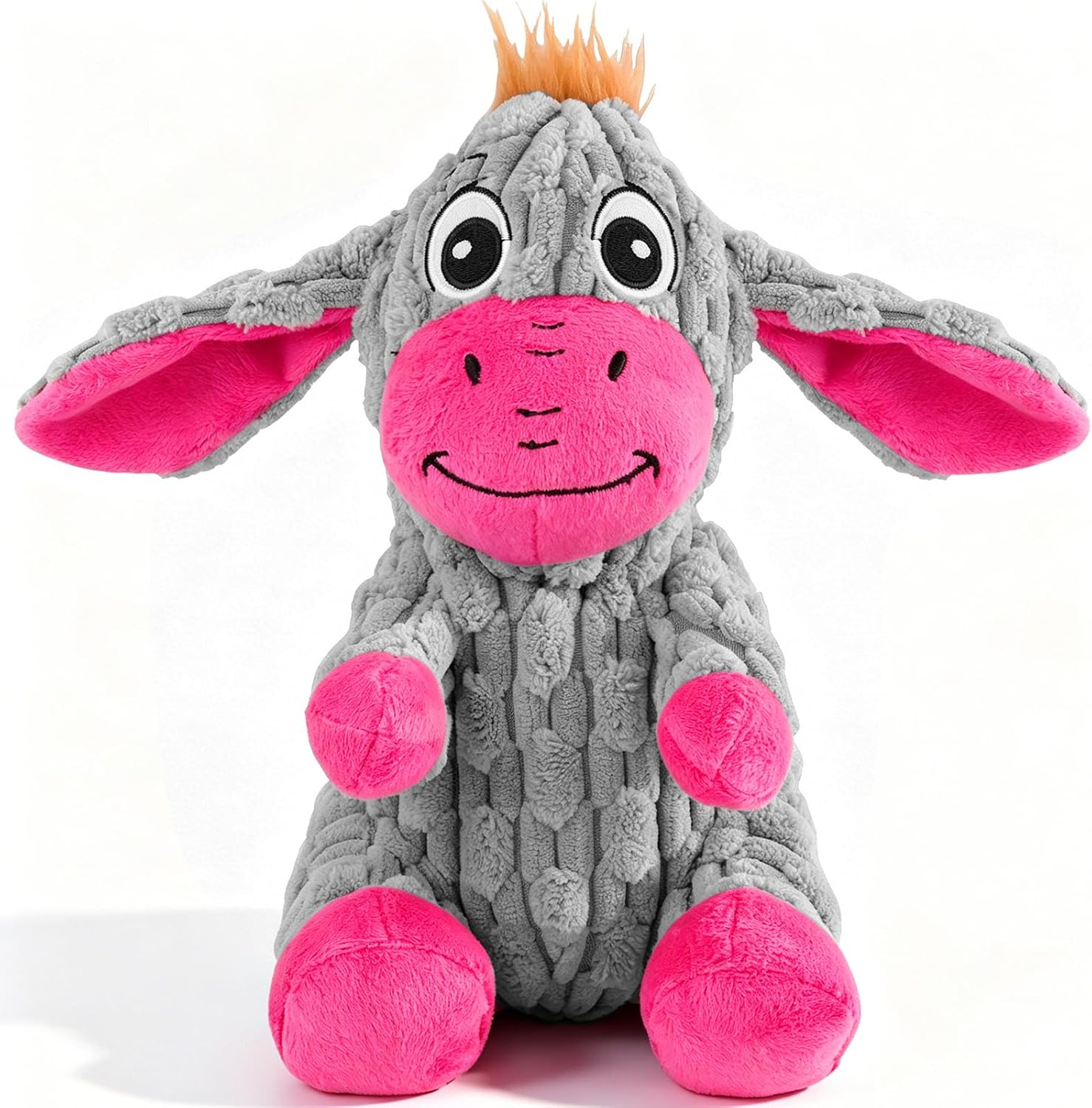 Squeaky Plush Dog Toy with Crinkle Ears for Small and Medium Dogs | Soft textured plush donkey for fetch, gentle tugging, carrying, cuddling, and supervised indoor play. Machine washable.