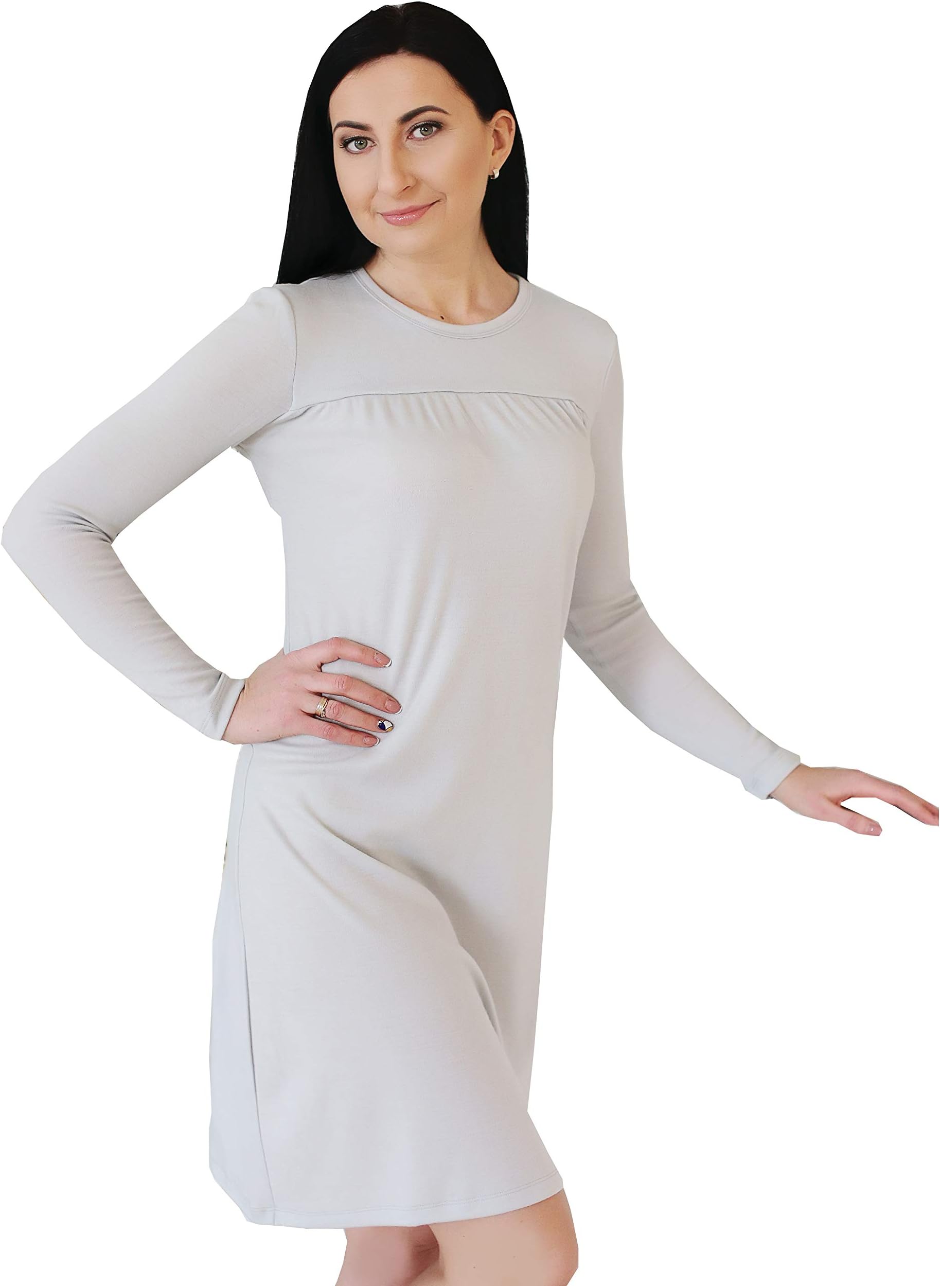 GREEN ROSE Women Nightdress Long-Sleeved XS-XXL Nightwear 100% Merino Wool (XL, Grey)