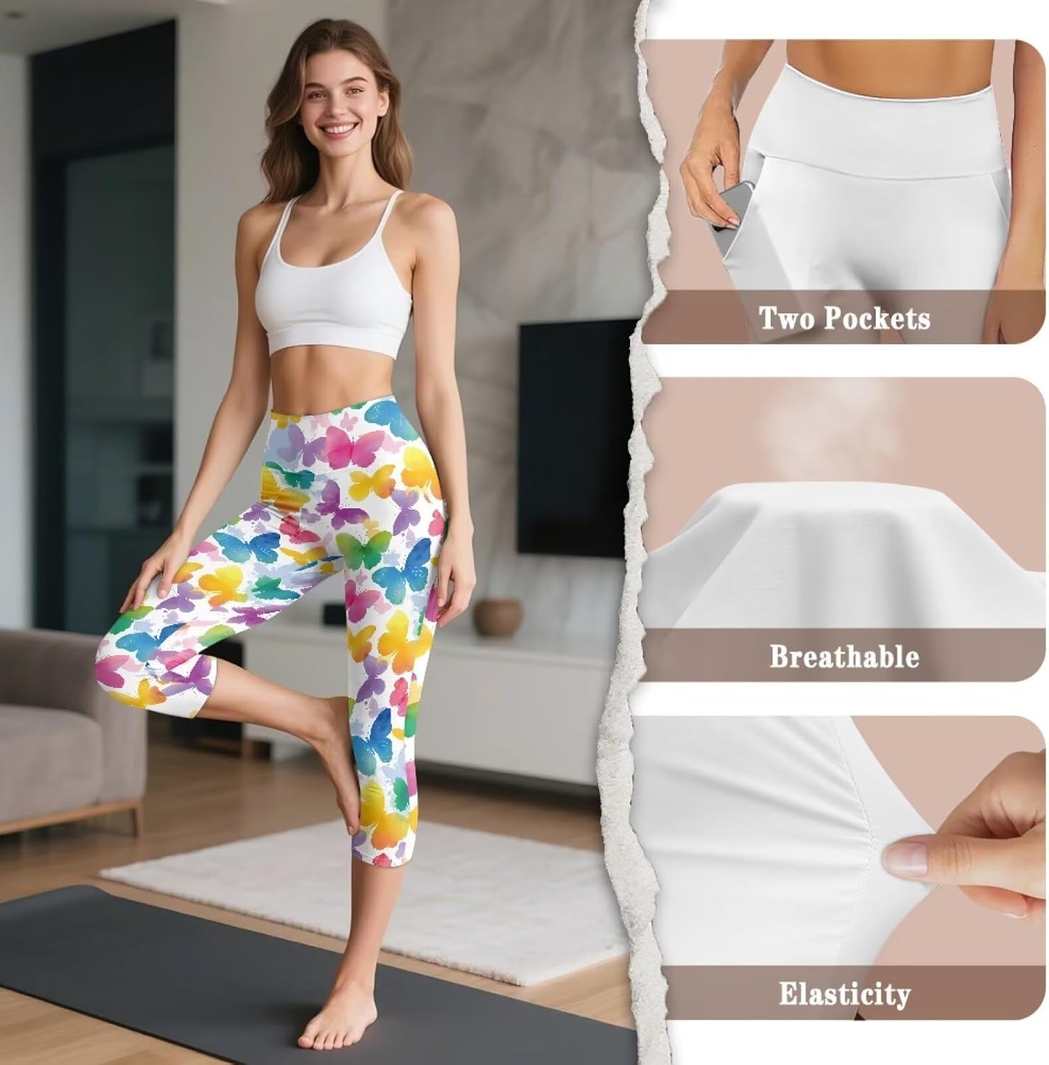 Xhuibop Capri Leggings with Pockets for Women High Waisted Compression Yoga Pants