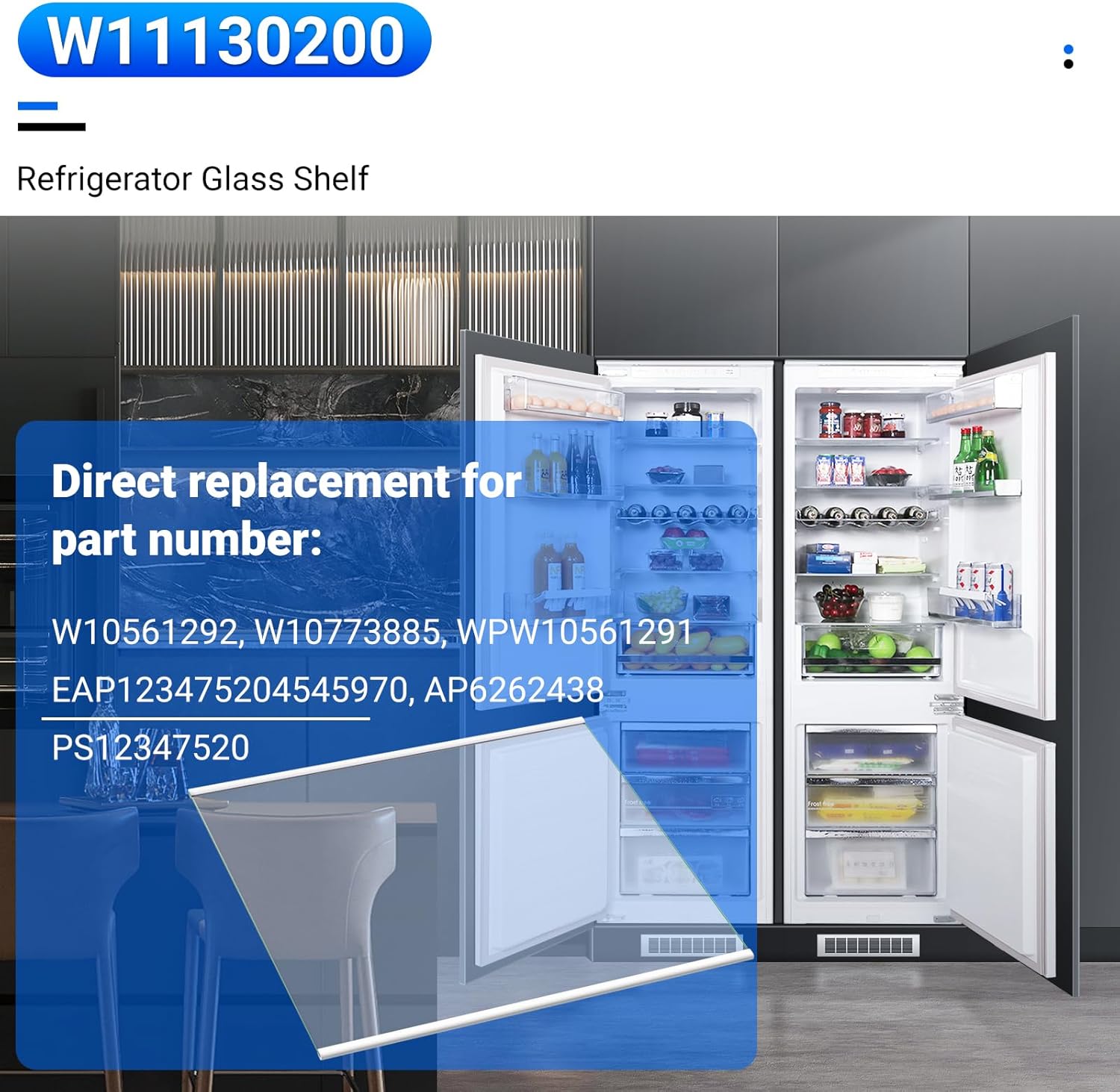 W11130200 Fridge Tempered Glass Shelf Compatible with Whirlpool WRS571CIDM00, WRS571CIHZ00, WRS571CIHW04, Refrigerator Glass Freezer Shelves Replacement W10561292 W10773885, dimensions 17.5" x 13"