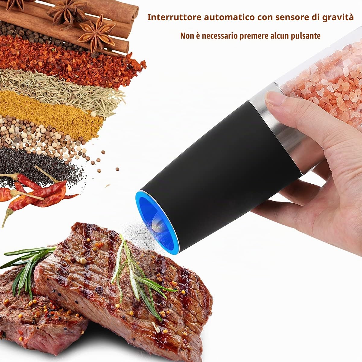Macina Sale e Pepe Elettrico, Macina Pepe Elettrico Gravità Rettifica Automatica Macinapepe Elettrica con Grossolanità Regolabile per Sale Marino Spezie Shaker (Nero)