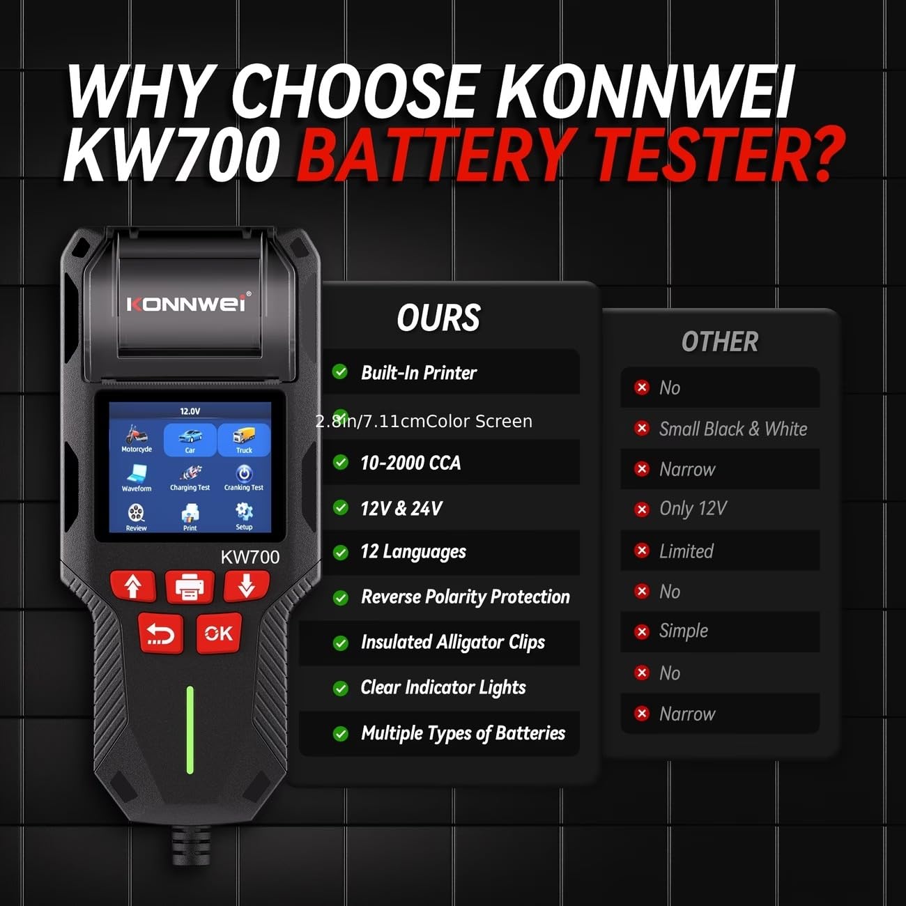 KONNWEI KW700 12V/24V Autobatterie Tester mit Drucker, Digitales Batterie-Analysegerät für PKW, LKW, Motorrad, AGM/GEL/EFB/Lithium Batterien,CCA/EN/DIN Normen, Start-Stopp,Lade- & Startsystem Diagnose