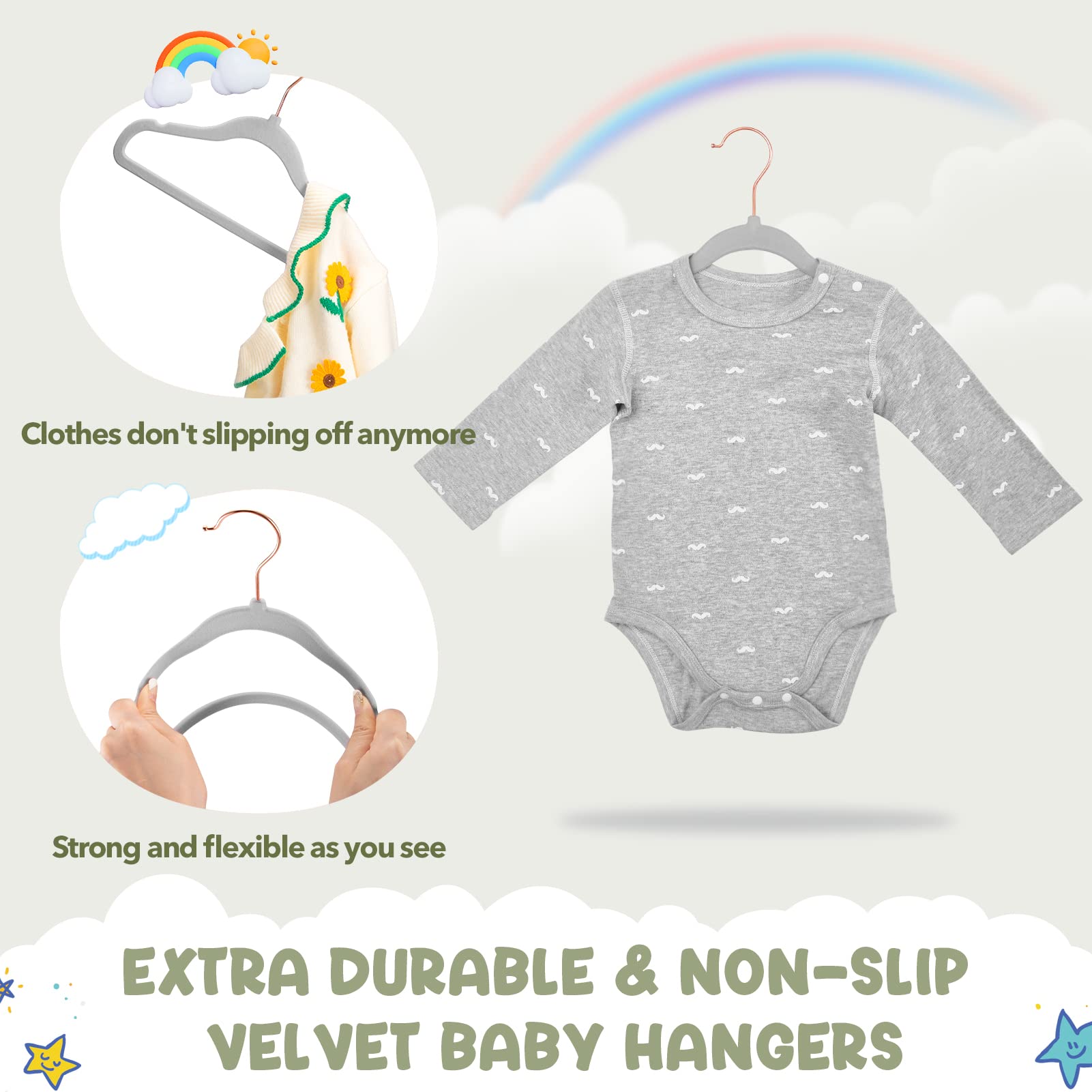 House Day Perchas de Terciopelo para bebé, Percha para Armario, Percha de Terciopelo para niños, 60 Unidades, Antideslizante, 30 cm, duraderas, para recién Nacidos, Ropa de bebé, Color Gris