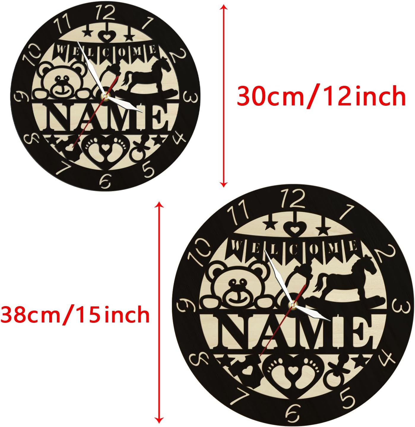 15 Inch Newborn Baby Wood Wall Clock with Personalized Name, Rustic Decorative Wooden Round Clock Wall Watch Silent Non Ticking Wall Clock Battery Operated for Baby Room Housewarming Gift